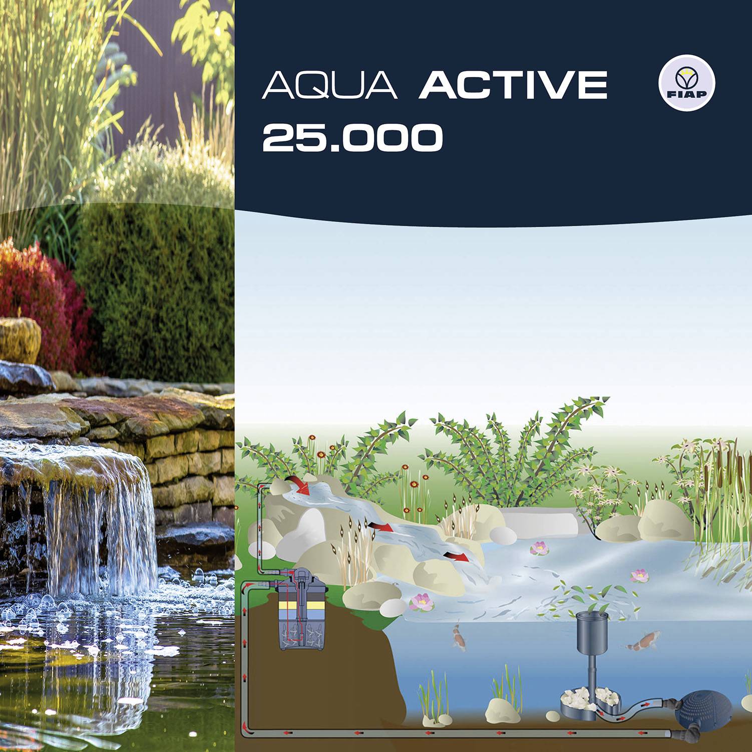 'Grafik eines Teichfiltersystems mit Pflanzen, Wasserfall und Fischen. Text: AQUA ACTIVE 25.000. Markenlogo oben rechts.'