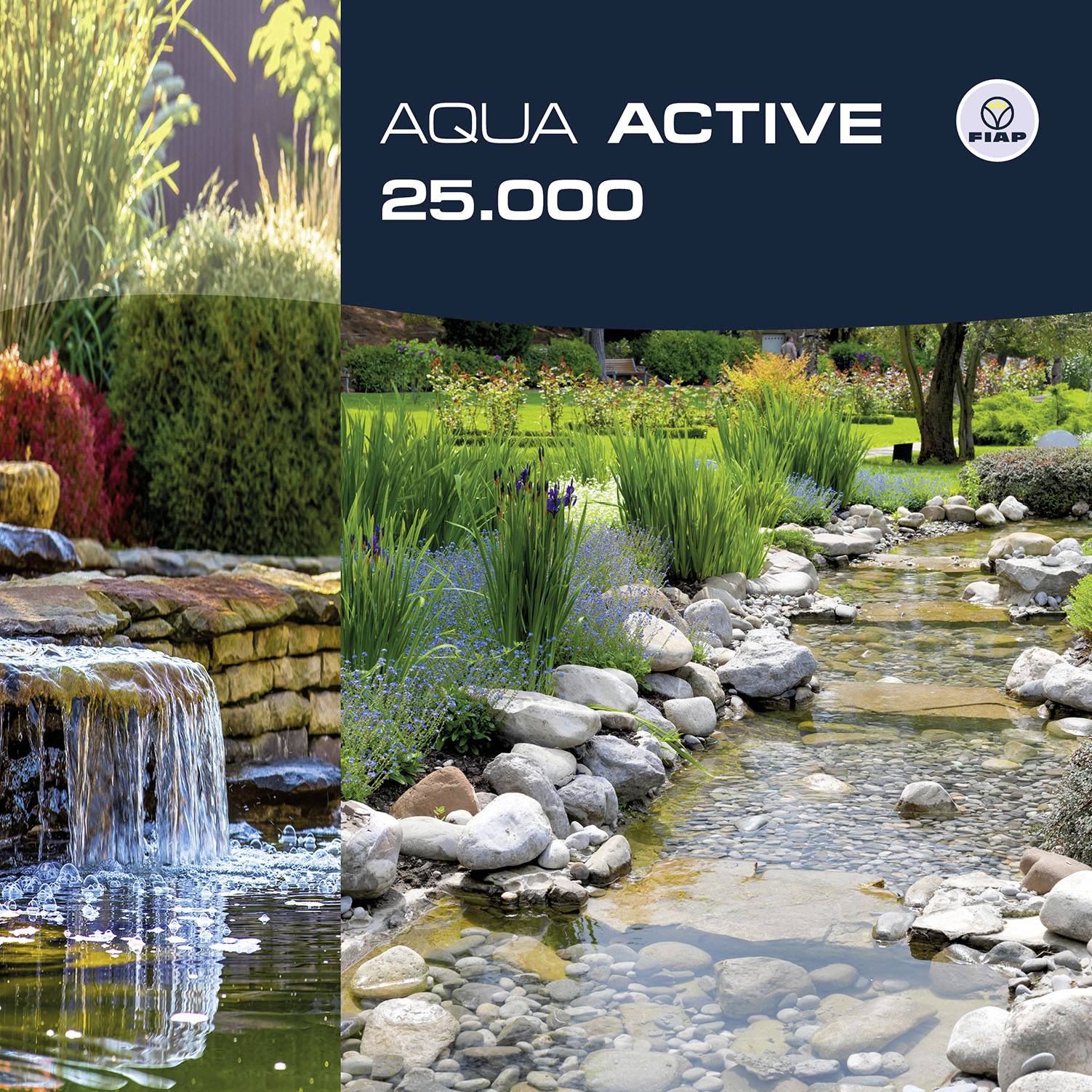 Ein natürlicher Garten mit einem Bachlauf. Links fließt Wasser über Steine. Oben rechts Text: 'AQUA ACTIVE 25.000'.