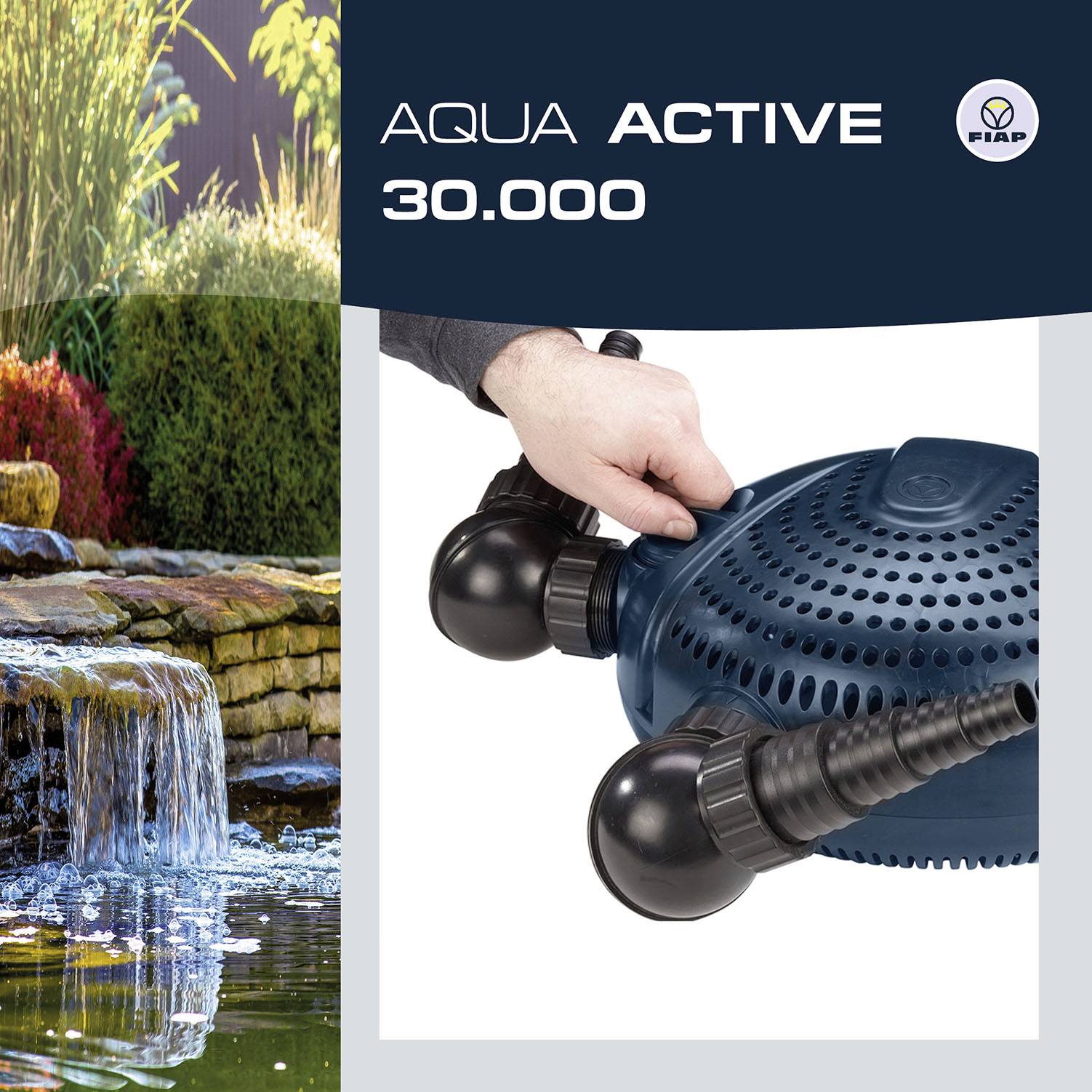 'Produkt Aqua Active 30.000, FIAP Logo rechts oben. Linker Bildteil zeigt strömendes Wasser über Steine. Rechter Bildteil: Gerät mit Hand.'
