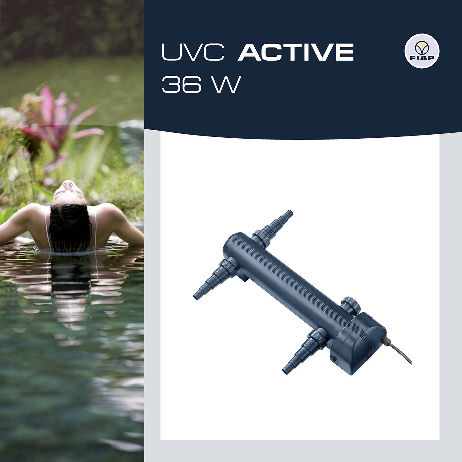 'FIBAP UVC Active 36 W' Gerät, rechts, zur Wasserreinigung. Links, entspannende Person im Wasser mit Pflanzen im Hintergrund.