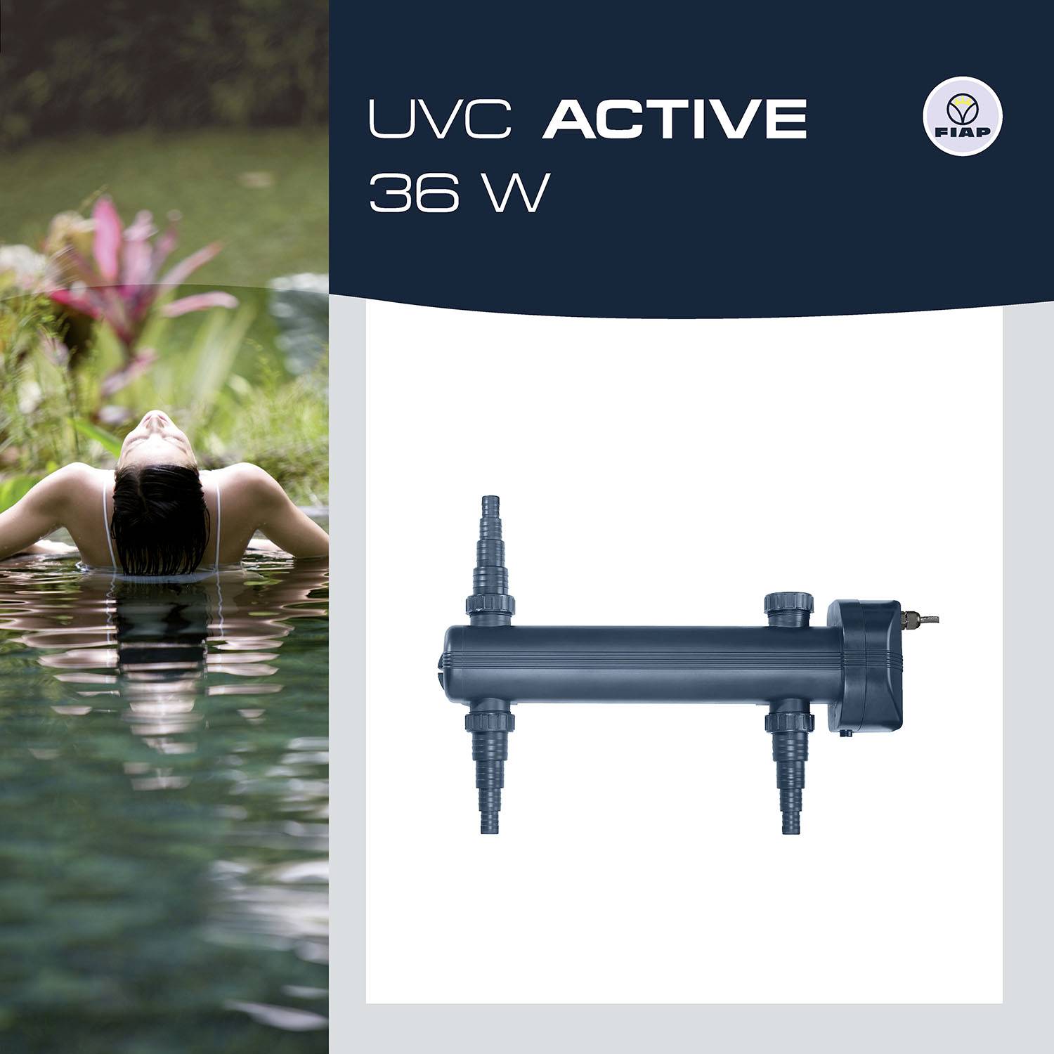 'Mensch mit Kopf rückwärts im Wasser entspannen' links. Rechts Text 'UVC ACTIVE 36 W' und Abbildung eines technischen Geräts.