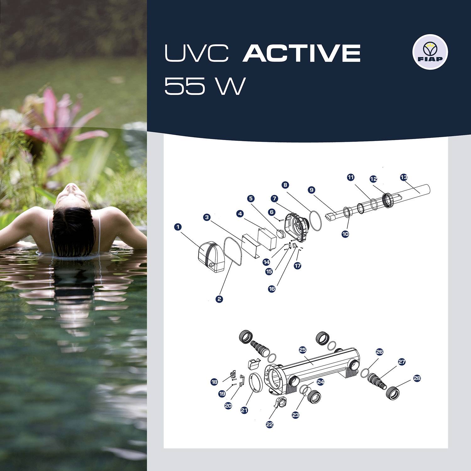 'Diagramm für UVC ACTIVE 55 W Gerät'. Links genießt eine Person einen Pool, rechts das technische Innenleben des Geräts.