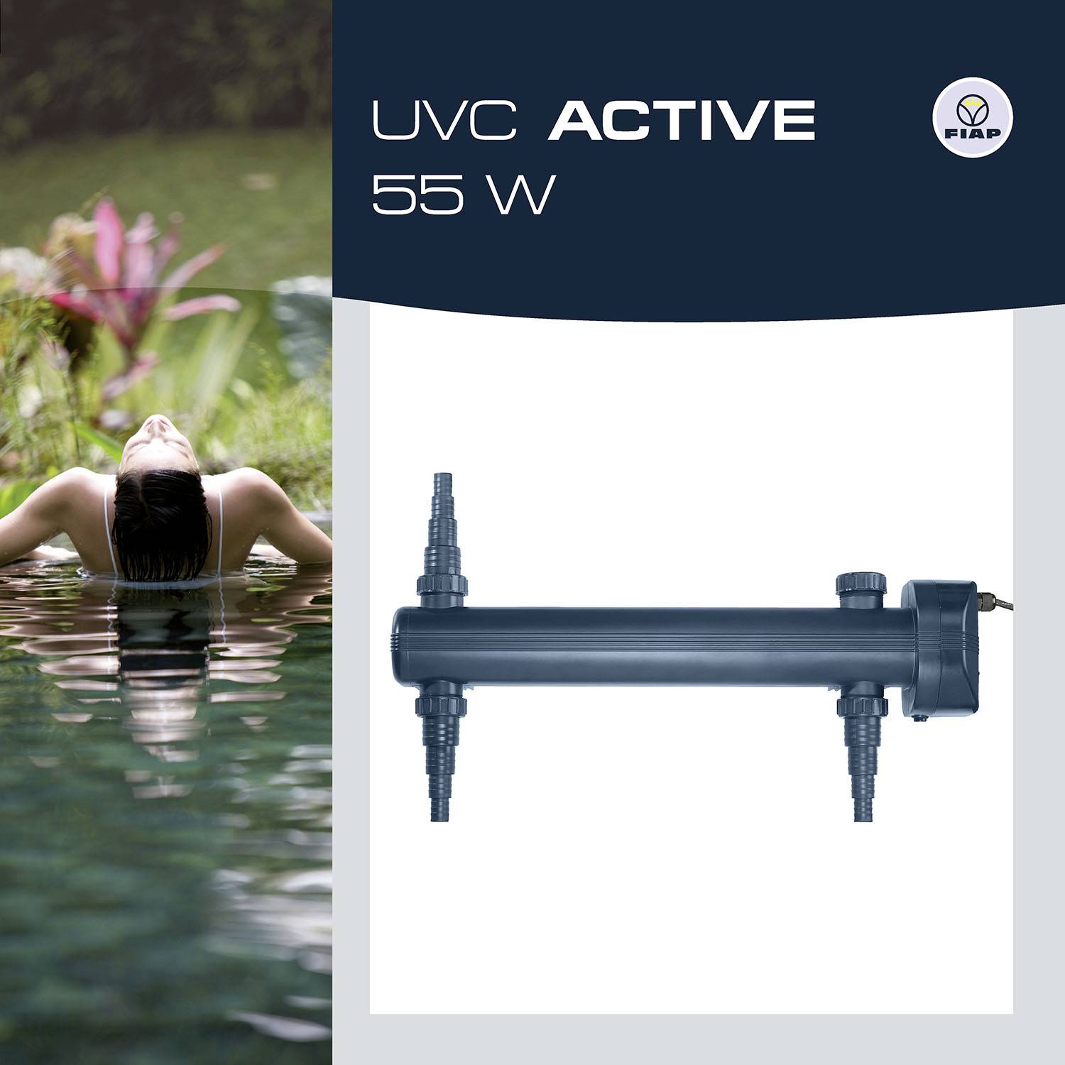 'UVC Active 55 W' Gerät-Abbildung neben Entspannungsfoto im Wasser; links Blumen und Bäume. Logo Fiap oben rechts.