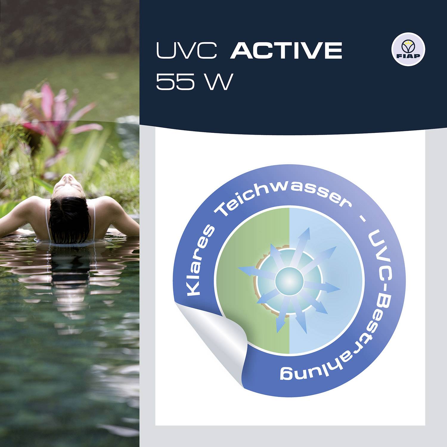 'UVC Active 55 W' Produktbild, zeigt Frau im Pool und kreisförmiges blau-grünes Logo mit 'Klares Teichwasser - UVC-Bestrahlung'.