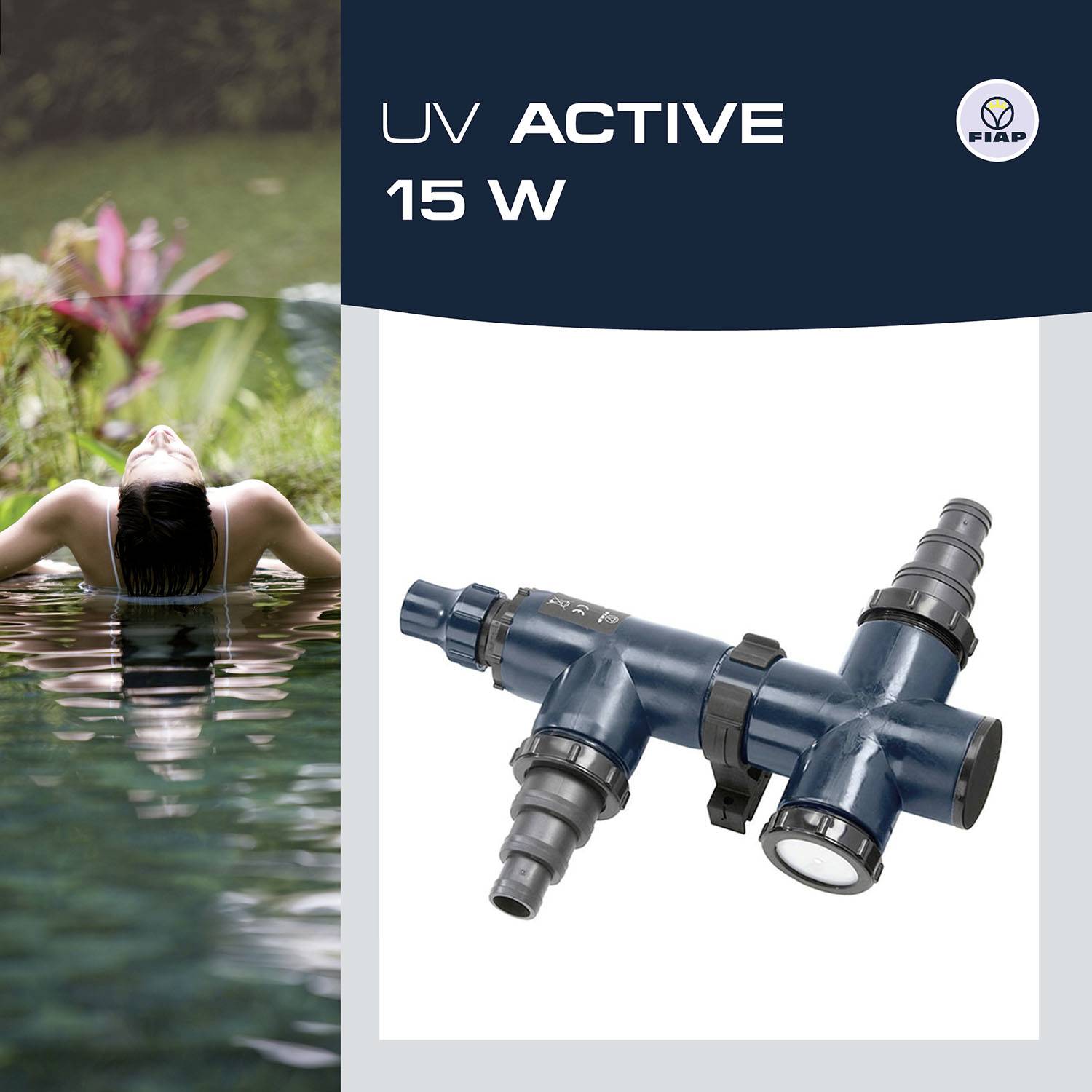 'UV ACTIVE 15 W' - Ein Bild eines UV-Wasserklärgeräts auf grauem Hintergrund. Links ist ein ruhendes Gewässer mit Pflanzen.