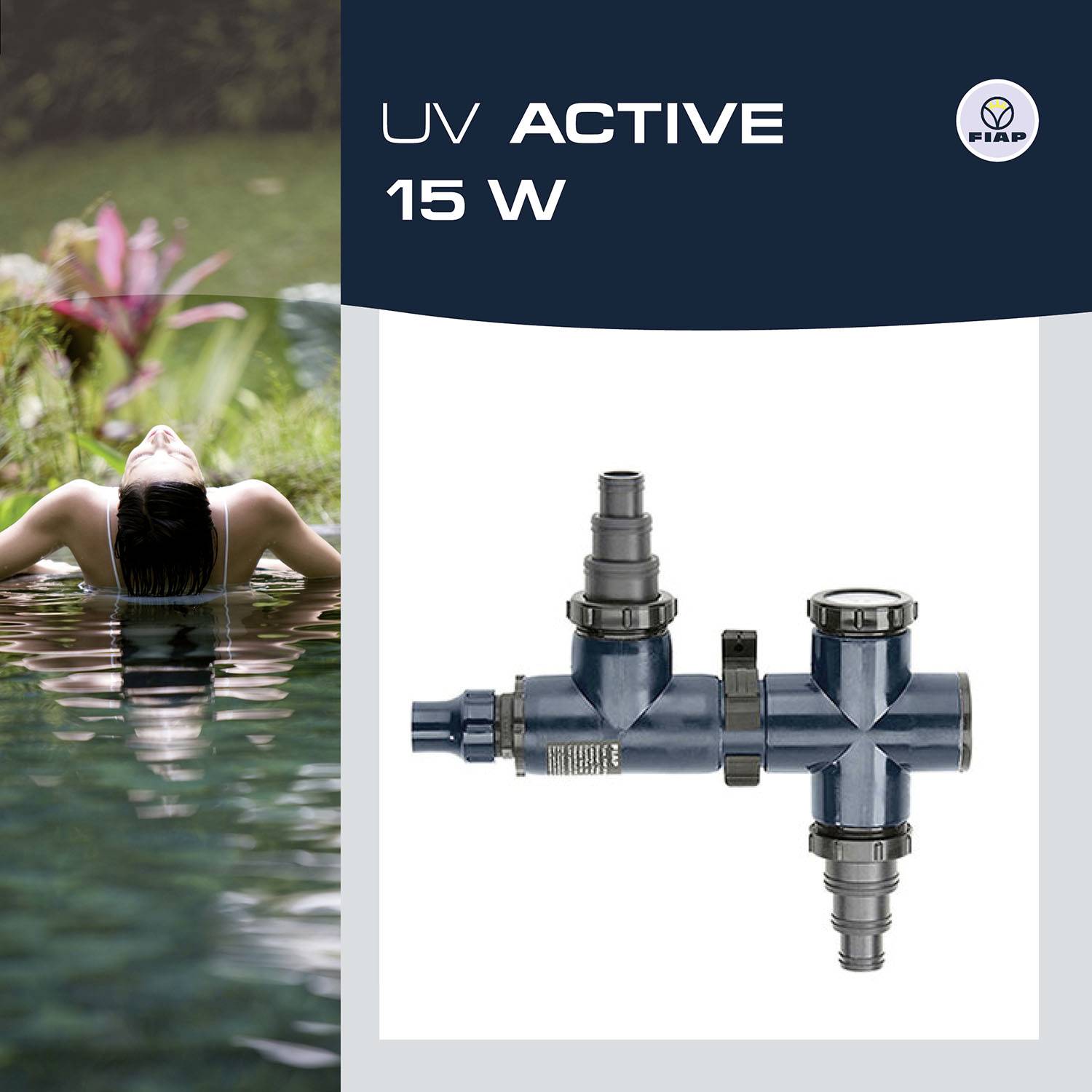 UV-Wasserfilter 'UV ACTIVE 15 W' von FIAP abgebildet, neben einem Poolmotiv mit schwimmender Person im Hintergrund.