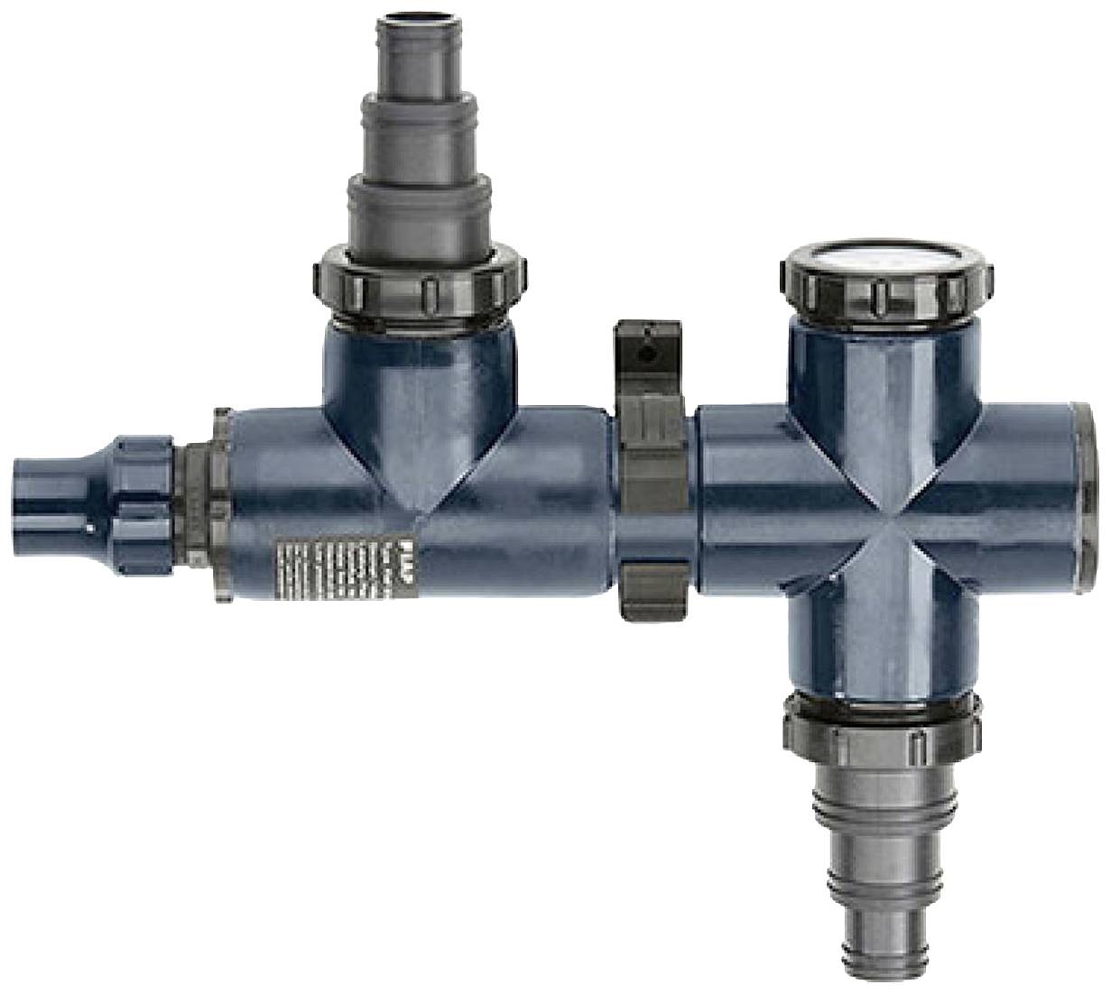 Ein blauer Wasserfilter mit mehreren Anschlussstücken und Verschlusskappen, geeignet für Rohrsysteme oder Bewässerungsanlagen.