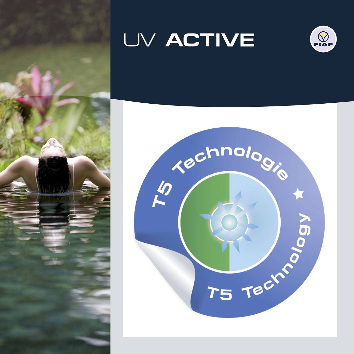 Eine Person entspannt sich in einem Pool. Rechts das Logo der 'T5 Technologie' von UV-ACTIVE.