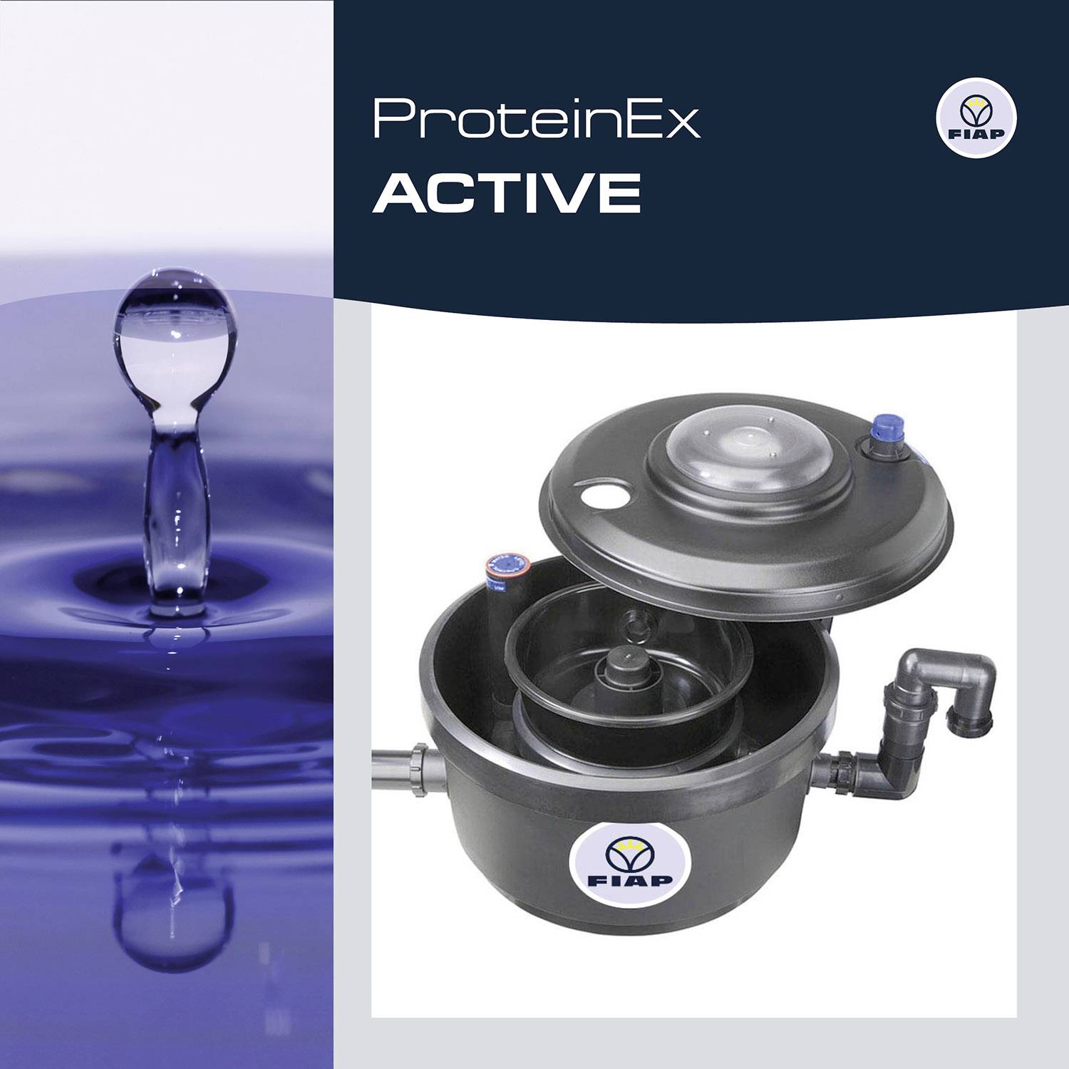 ProteineEx ACTIVE Wasserfilter von FIAP, zeigt detaillierte Ansicht des Filtersystems und Wassertröpfchen auf blauer Oberfläche.