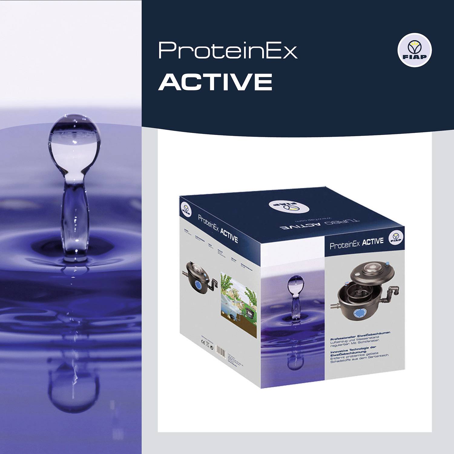 Schachtel einer Aquarienkomponente 'ProteinEx ACTIVE' mit Abbildung eines Blasenabschäumers. Markenlogo und Beschreibungstext sichtbar.