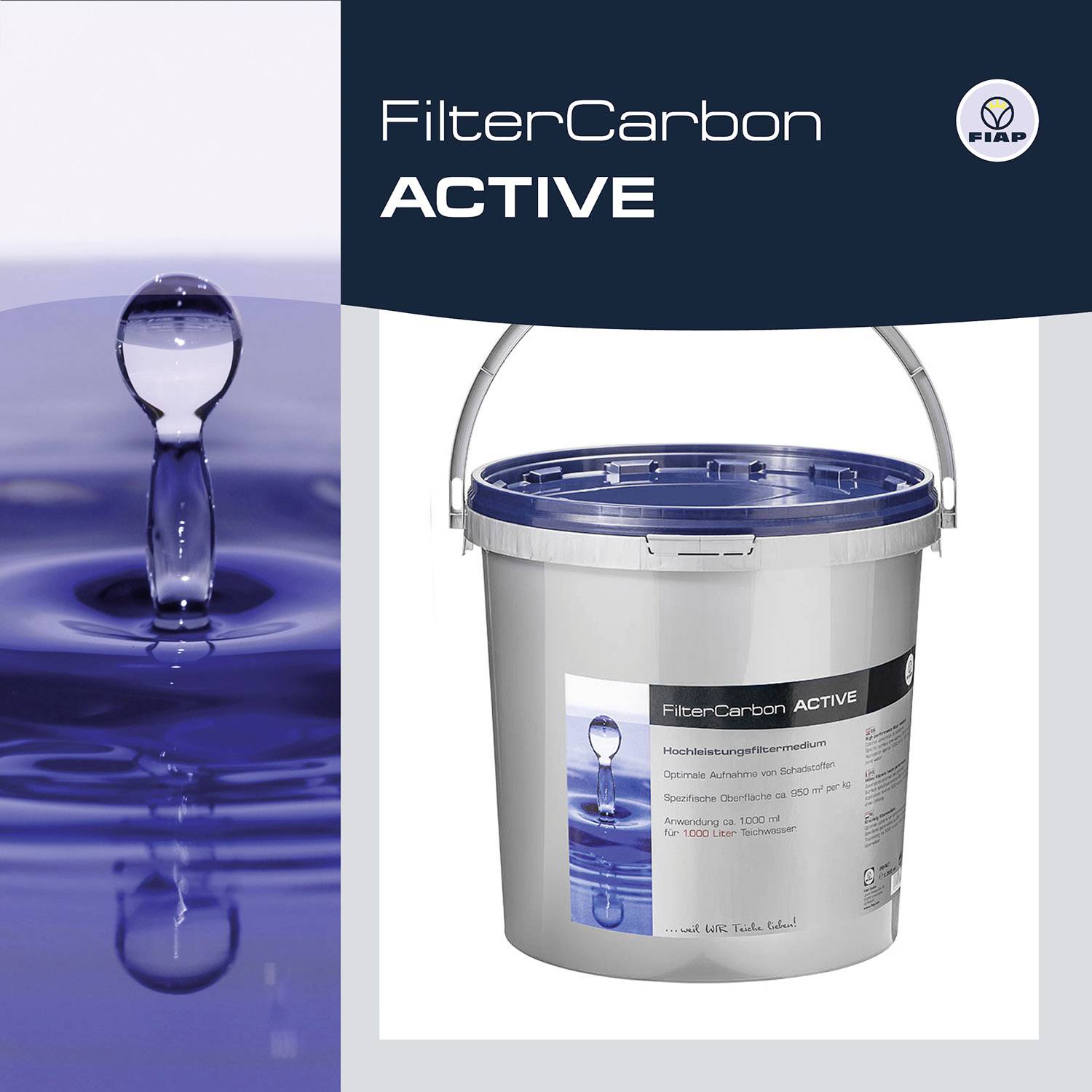 Eimer mit dem Aufdruck 'FilterCarbon ACTIVE' von FIAP, auf grauem Hintergrund. Hauptproduktverpackung für Wasserbehandlung.