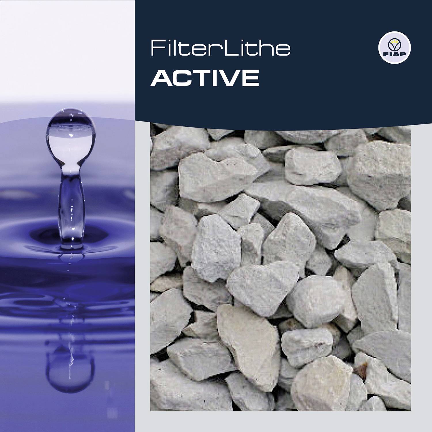 Links: Ein fallender Wassertropfen erzeugt konzentrische Kreise. Rechts: Ein Stapel hellgrauer, kantiger Steine. Text: 'FilterLithe ACTIVE'.