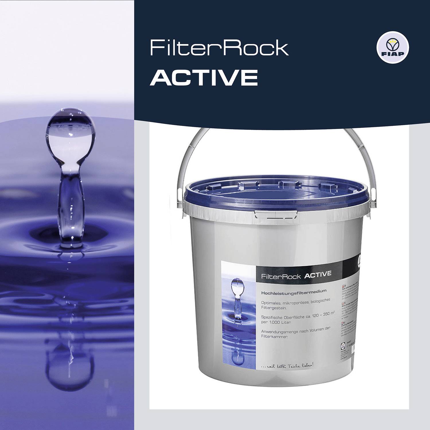 Ein Eimer mit der Aufschrift 'FilterRock ACTIVE', daneben ein Wasserbild mit Spritzer. Das Produkt ist von der Marke FIAP.