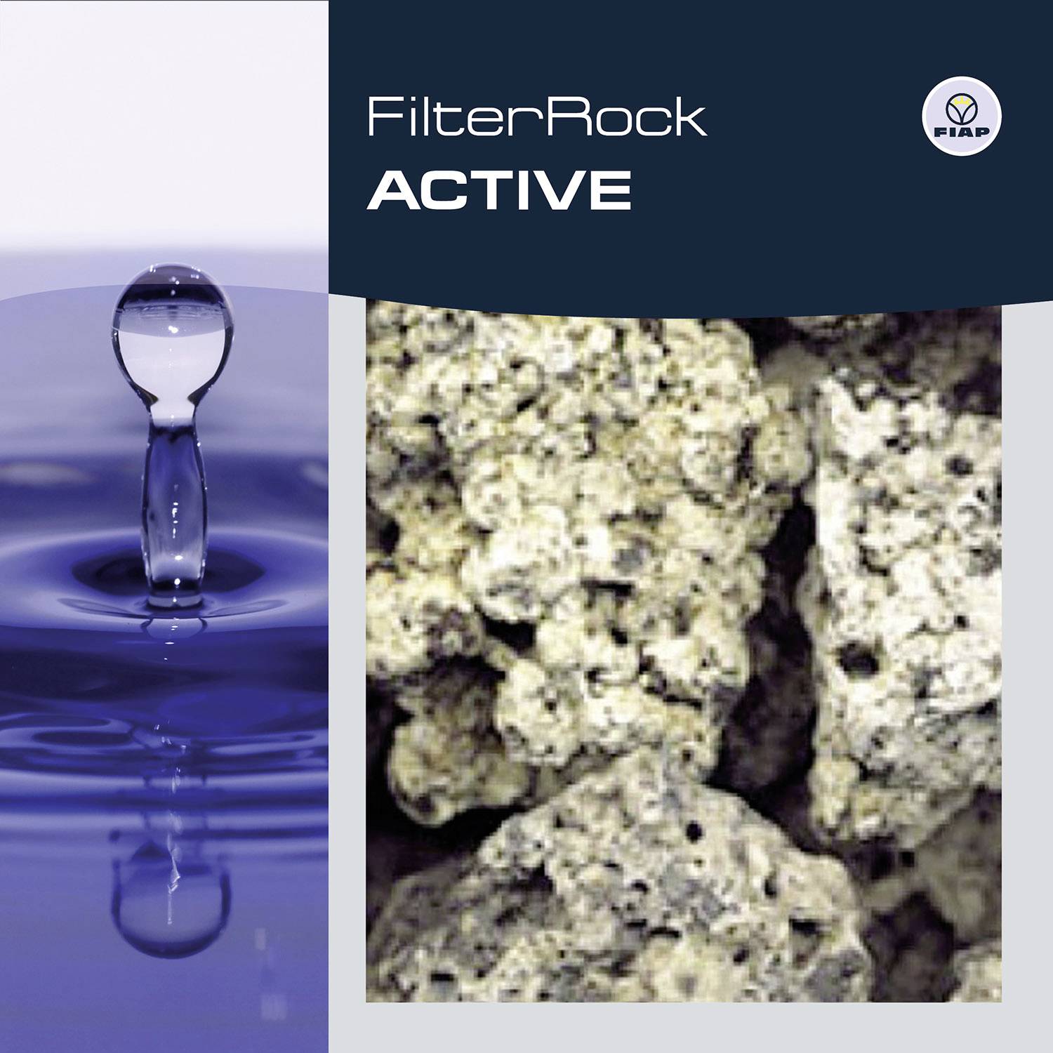 'FilterRock ACTIVE' zeigt einen Wassertropfen über Wasseroberfläche und strukturiertes Gestein, betont Filterleistung des Produkts.