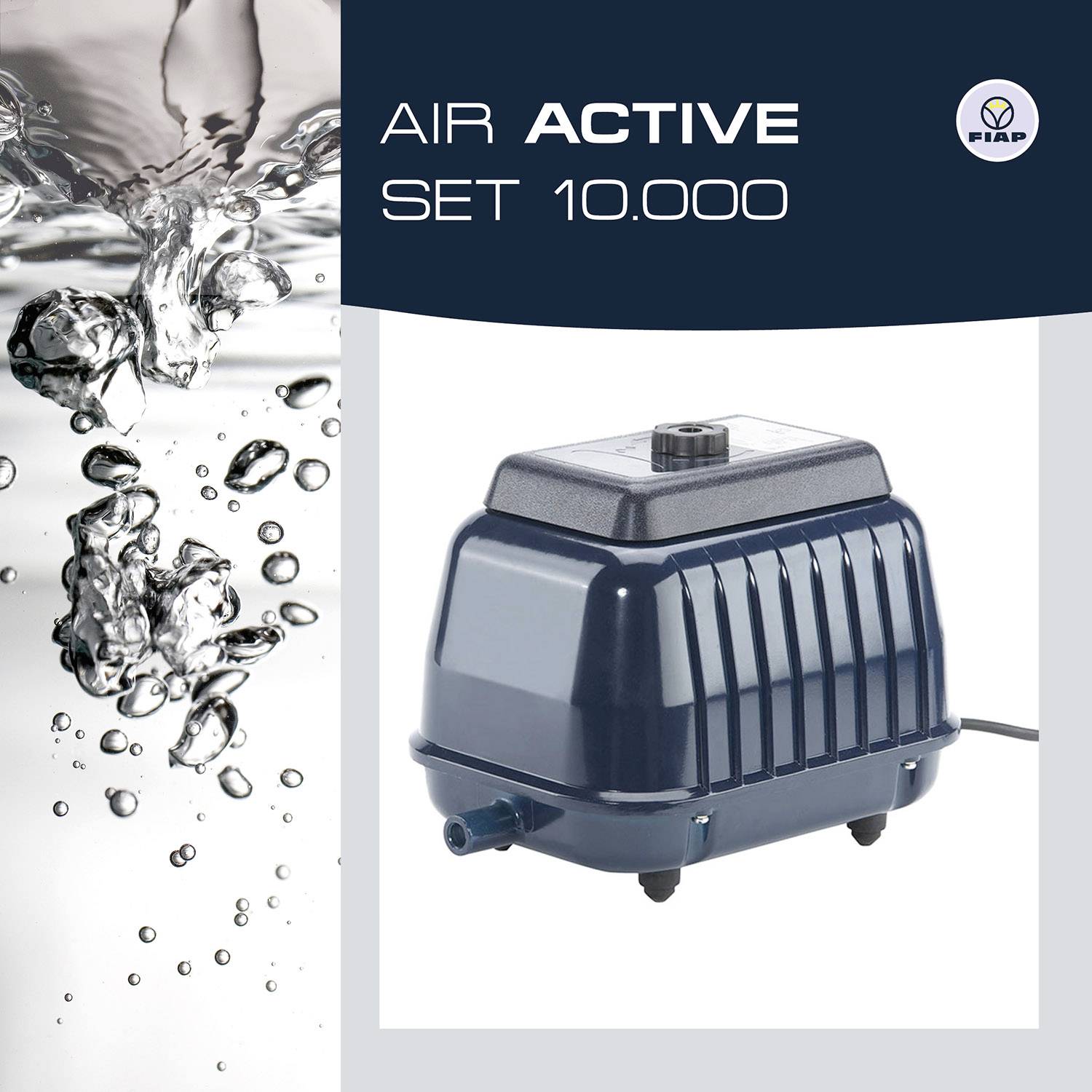 'Luftpumpe Air Active Set 10.000 von FIAP, dunkles Gehäuse, für Teiche geeignet, sprudelnde Wasserblasen als dekoratives Element.'