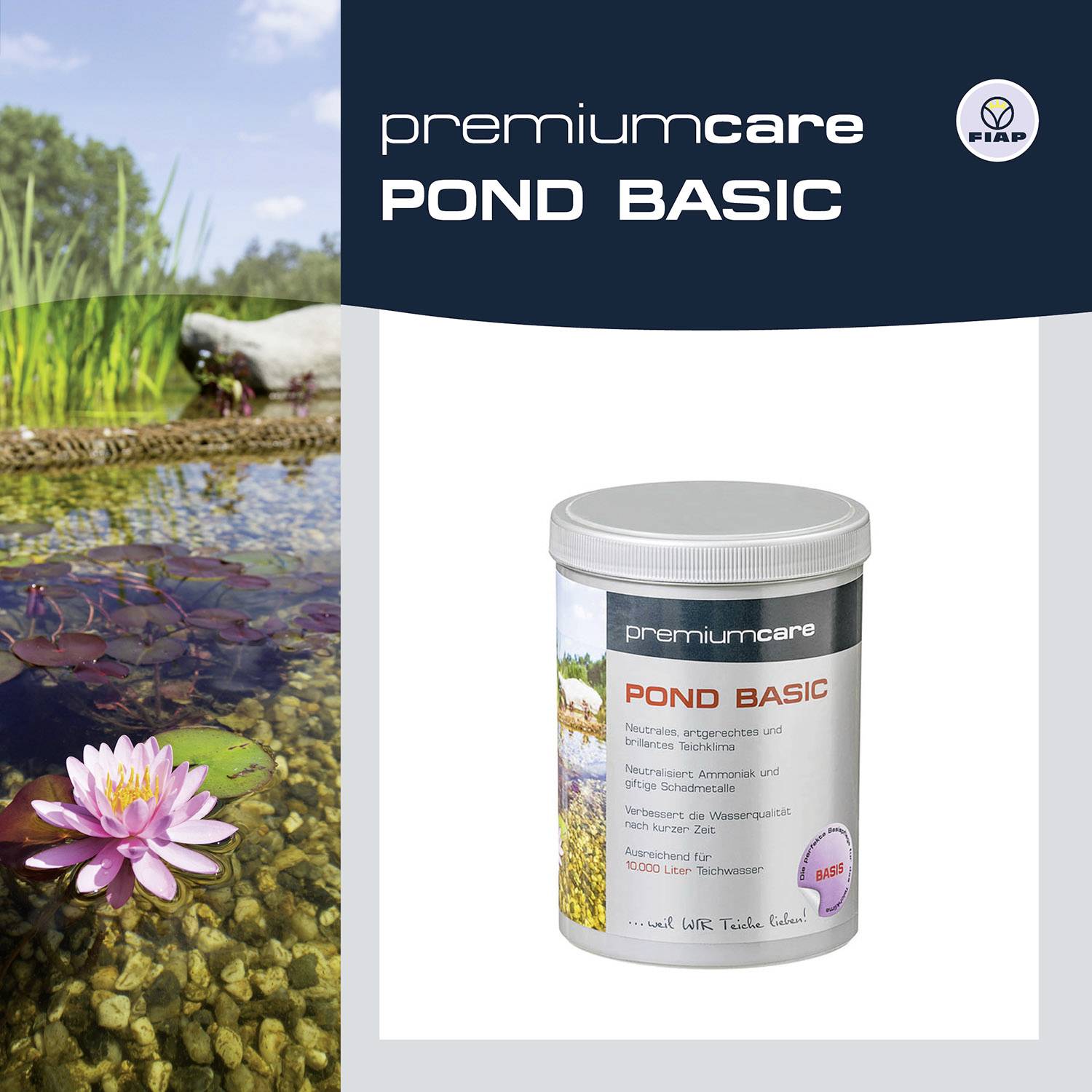 Ein Teich mit Seerosen und ein Produktbild von 'Pond Basic' Teichpflegemittel. PremiumCare-Logo oben, Anwendung: Nährstoffkontrolle.