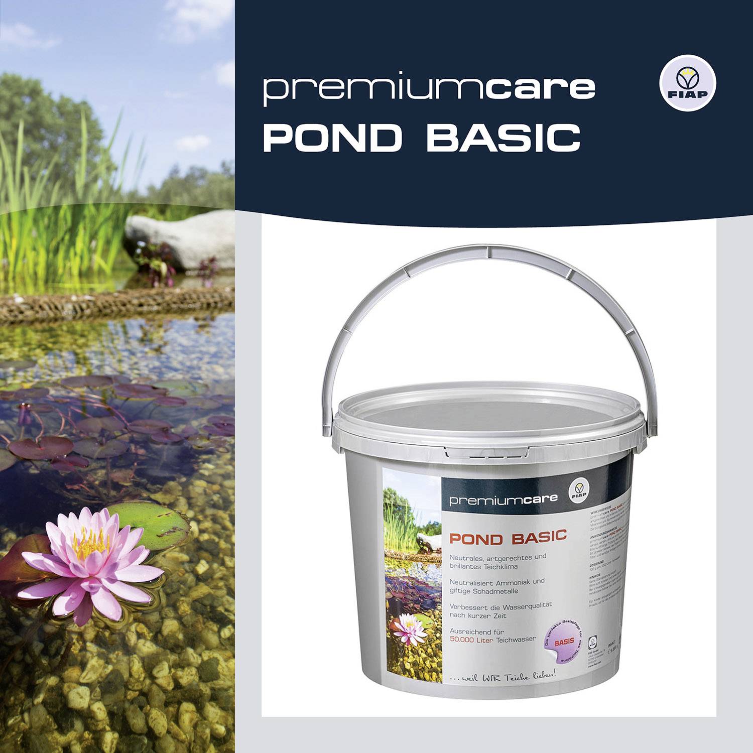 'PremiumCare Pond Basic' Produktbild: Ein Teich mit Seerosen neben einem Eimer des Teichpflegemittels, umgeben von Natur.