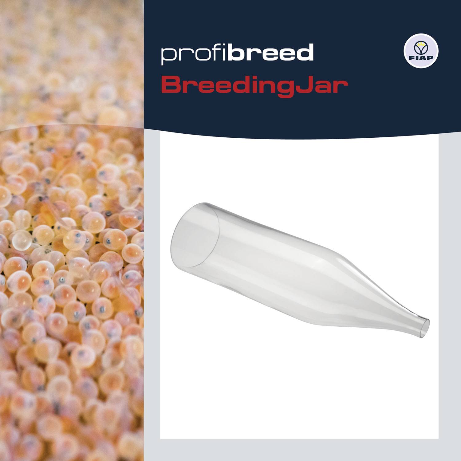 Abbildung eines Zuchtglases von profibreed mit einem Fischlaichhintergrund, vorgestellt von der Marke FIAP.