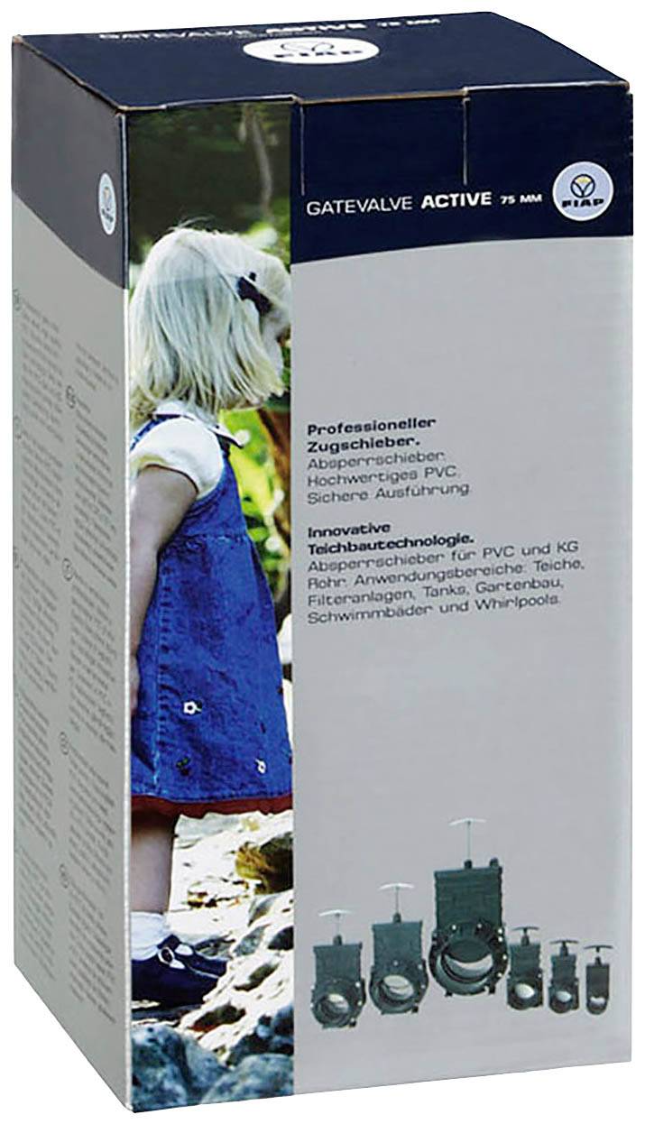 Verpackung für 'Gatevalve Active 75 mm', zeigt ein Kind seitlich. Enthält Spezifikationen und Anwendungen des Produkts.