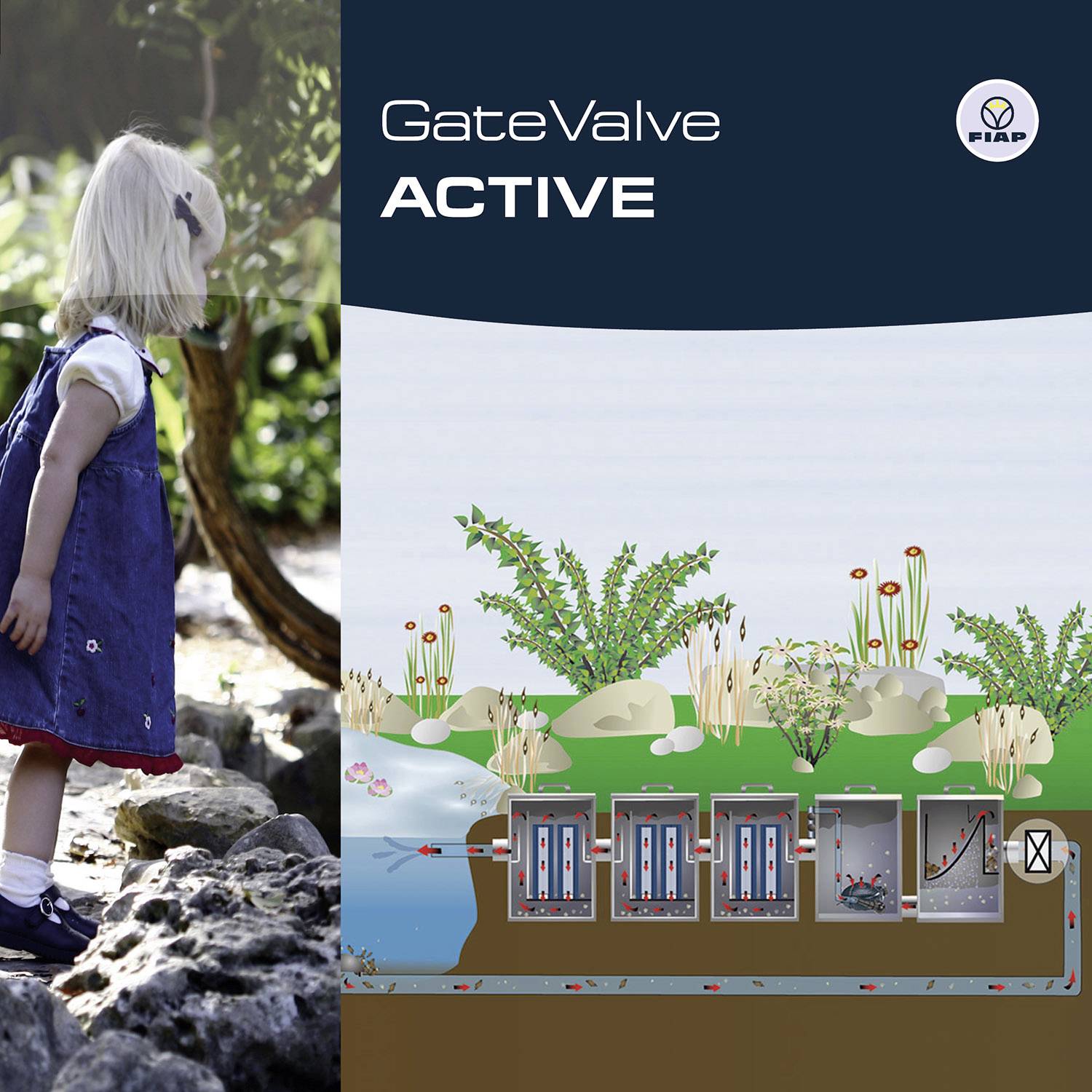 Kind im Freien neben einem Werbeplakat mit der Aufschrift 'GateValve ACTIVE' und einem Diagramm von Pflanzen und einem System.