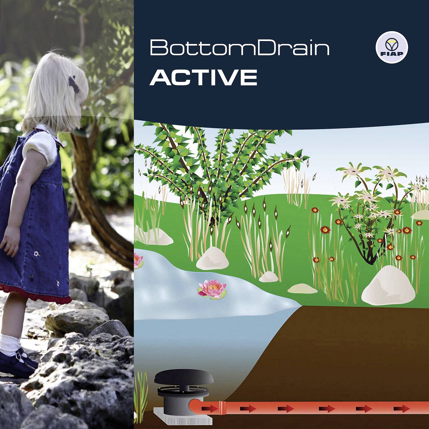 Ein Kind in blauem Kleid steht neben einem Teich mit üppiger Vegetation. Rechts eine Illustration eines Filtersystems für Teiche.