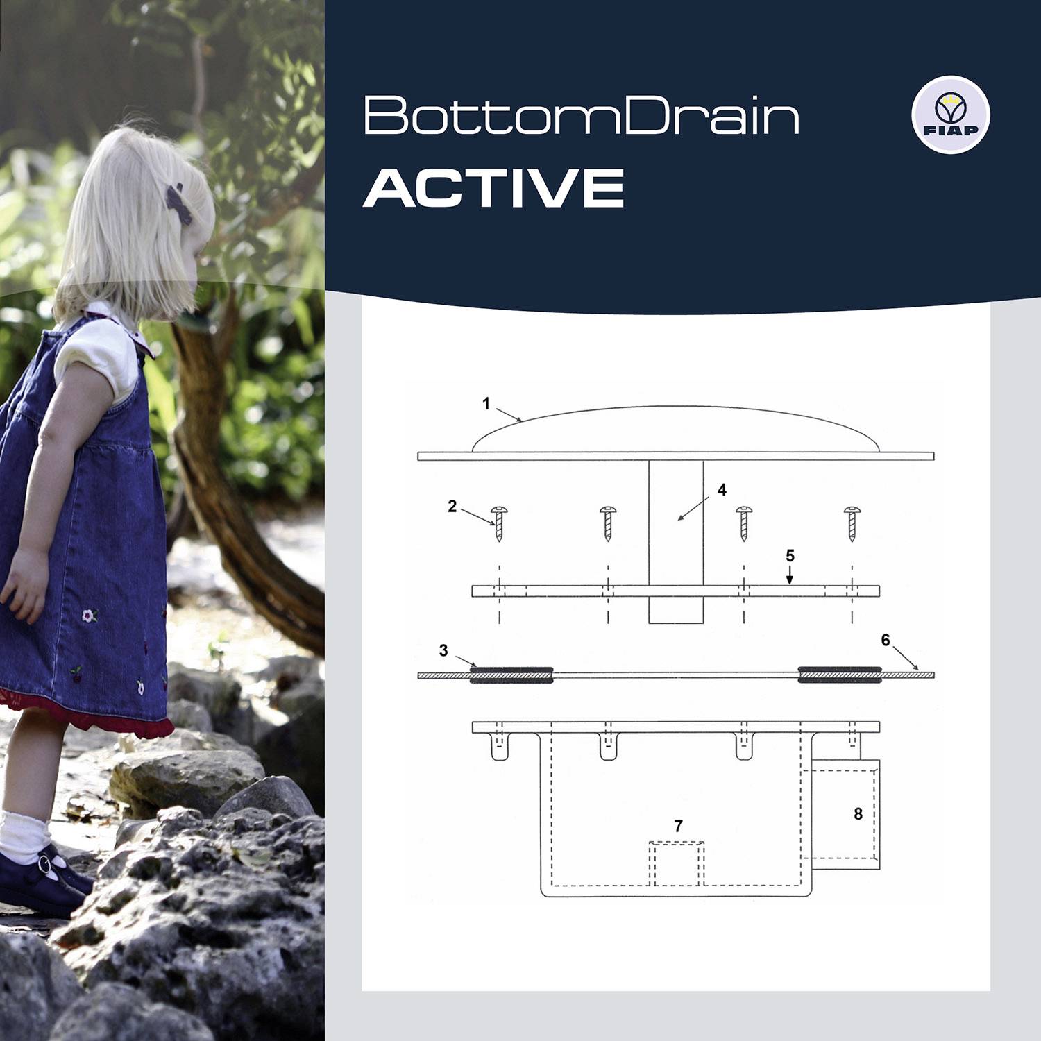 Ein Kind steht draußen auf einem Steinweg. Ein Diagramm zeigt die Komponenten eines 'BottomDrain Active' mit nummerierten Teilen.