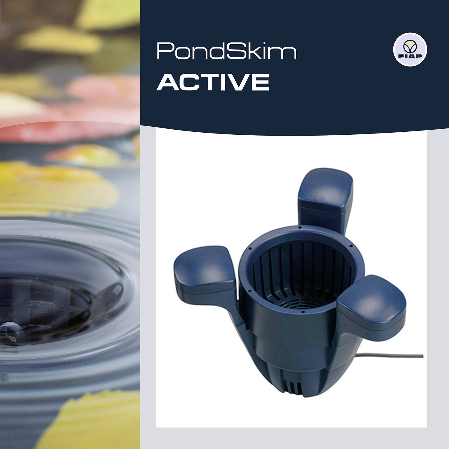 Ein Skimmer schwimmt in einem Teich mit bunten Blättern. Rechts daneben eine Nahaufnahme des Produkts 'PondSkim ACTIVE'.