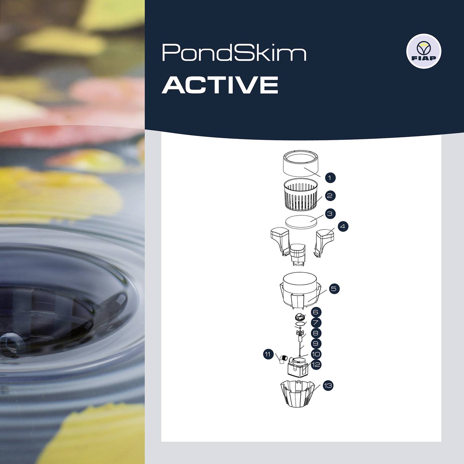 'PondSkim ACTIVE': Ein Diagramm zeigt den Aufbau eines Teichreinigungsgeräts in Einzelteilen. Links ein Teichausschnitt mit Herbstlaub.