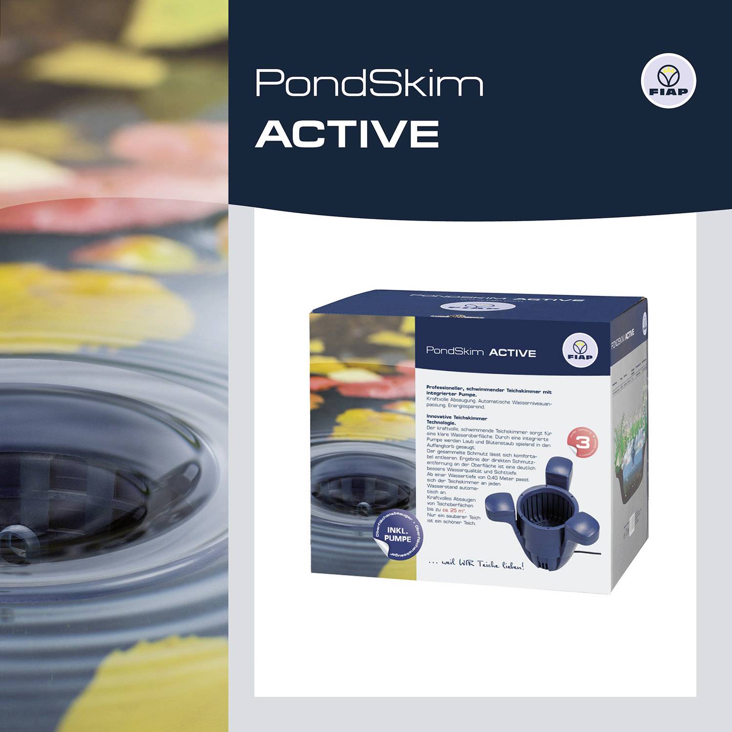 Verpackung von 'PondSkim ACTIVE' mit Beschreibung und Bild eines Teichoberflächensaugers, geeignet für saubere Teichoberflächen.