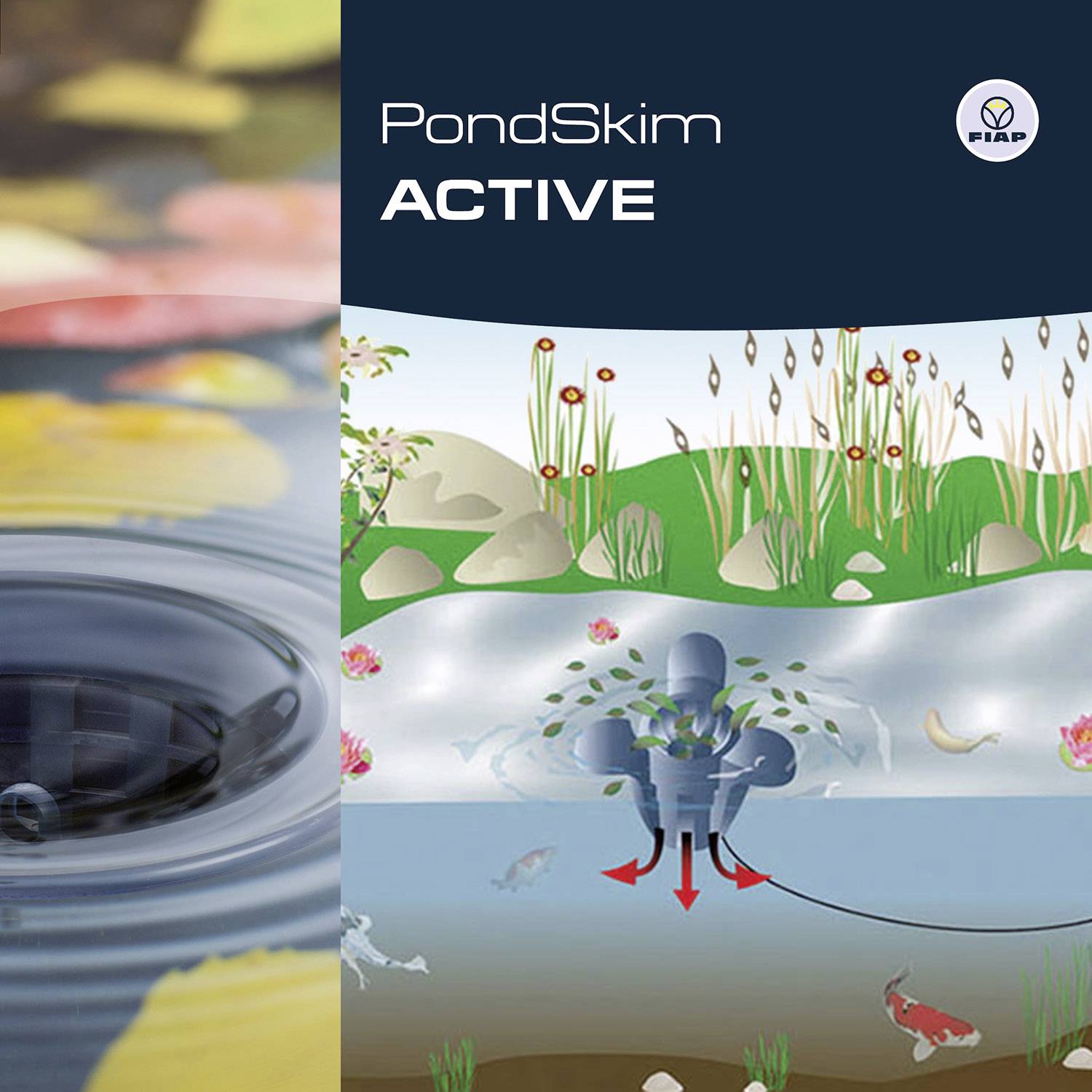 Plakat mit Produktwerbung 'PondSkim ACTIVE' und Logo. Bild zeigt Wasseroberfläche mit Pflanzen und ein Tauchsystem unter Wasser.