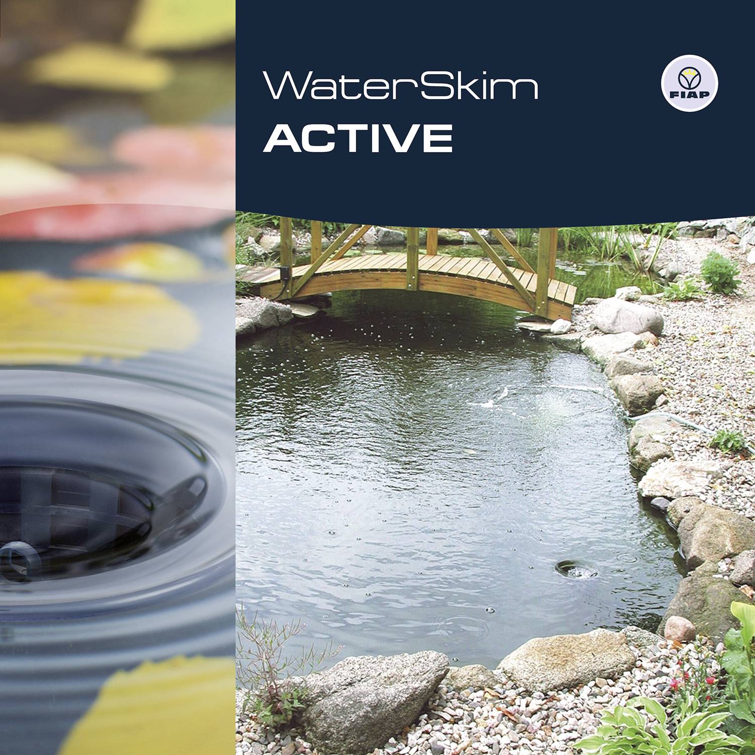 Teich mit Holzbrücke, umgeben von Steinen und Pflanzen. Der Text 'WaterSkim ACTIVE' und ein Logo sind oben rechts sichtbar.