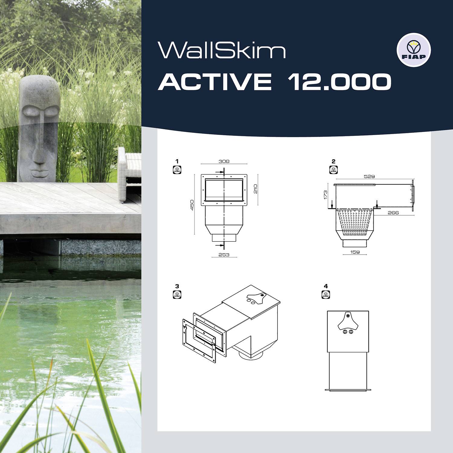 'WallSkim ACTIVE 12.000': Bild mit Produktzeichnung eines Teichfilters. Enthält Ansichten und Maße für Installation und Nutzung.