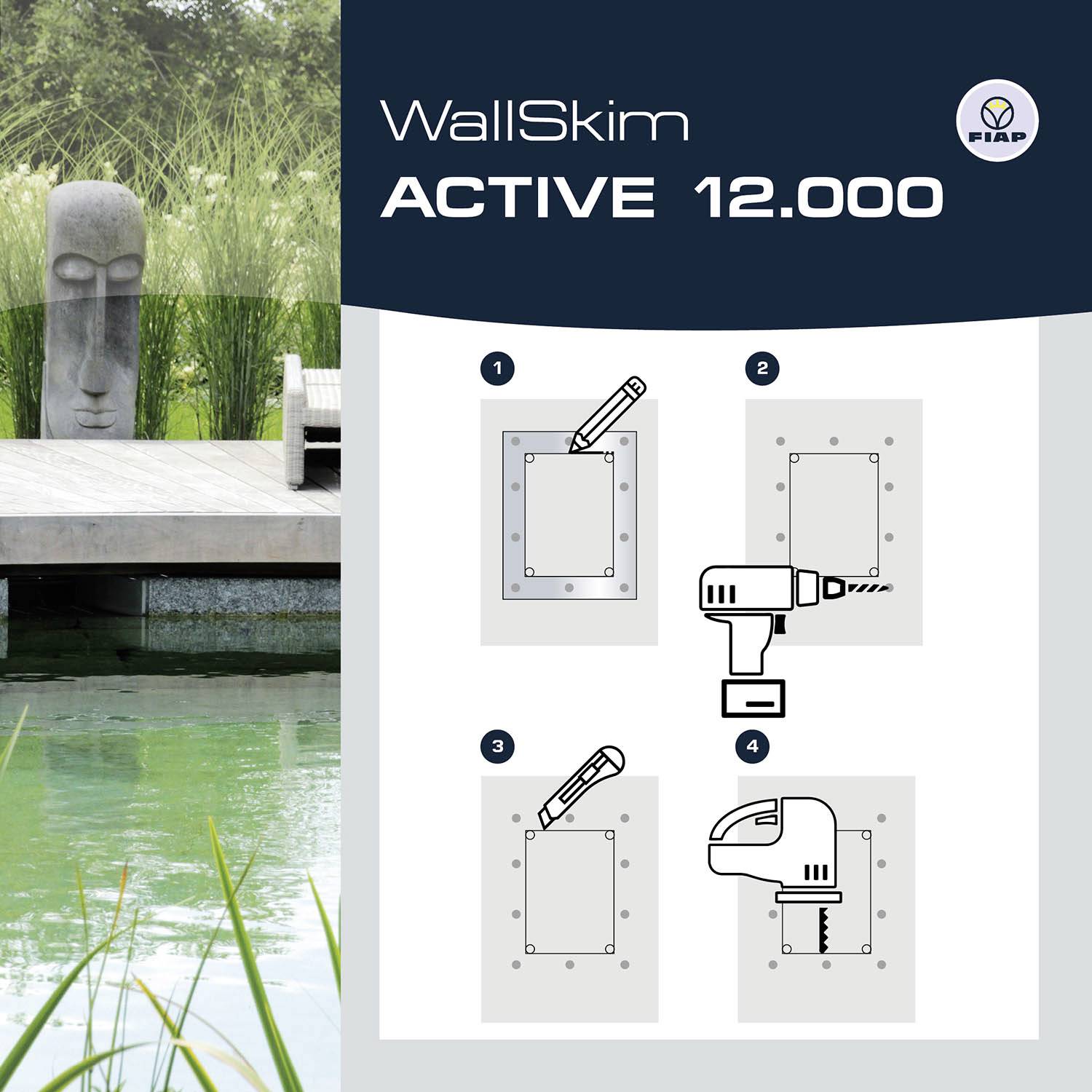 'WallSkim ACTIVE 12.000': Anleitung für eine 4-stufige Anwendung. 1: Markierung, 2: Bohren, 3: Befestigen, 4: Abschließen. Im Hintergrund ein Garten mit Teich.