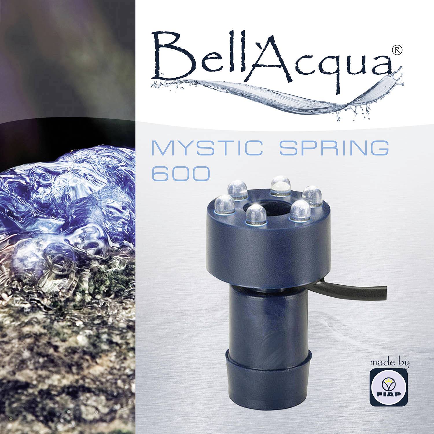 'BellAcqua Mystic Spring 600' Produktbild zeigt ein Gerät mit blauen Lichtern, neben einem Foto von Wasser, mit Herstellerlogo unten rechts.