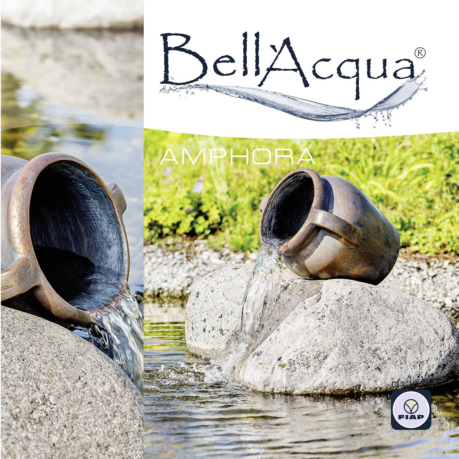 'BellAcqua Amphora'-Werbung zeigt Wasser aus einer Amphore, das über einen Felsen fließt. Im Hintergrund sind Pflanzen sichtbar.