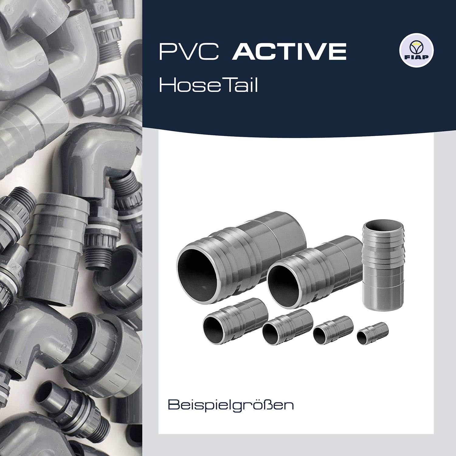 'PVC ACTIVE HoseTail' Grafik mit verschiedenen grauen PVC-Fittings in verschiedenen Größen und Formen; Logo ist sichtbar.