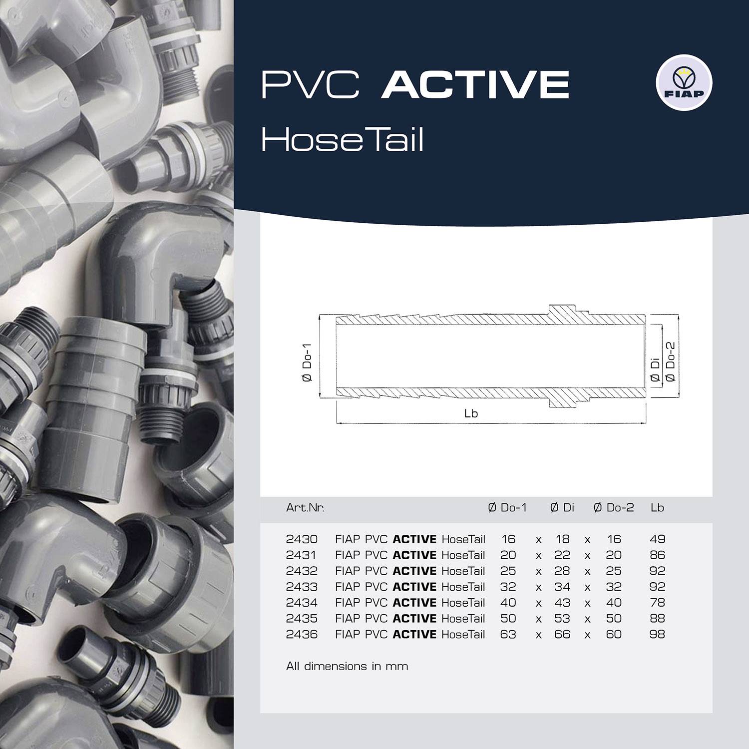 'PVC ACTIVE HoseTail' Produktanzeige, zeigt graue Schlauchanschlüsse. Tabelle mit Abmessungen in mm führt mehrere Artikelnummern auf.