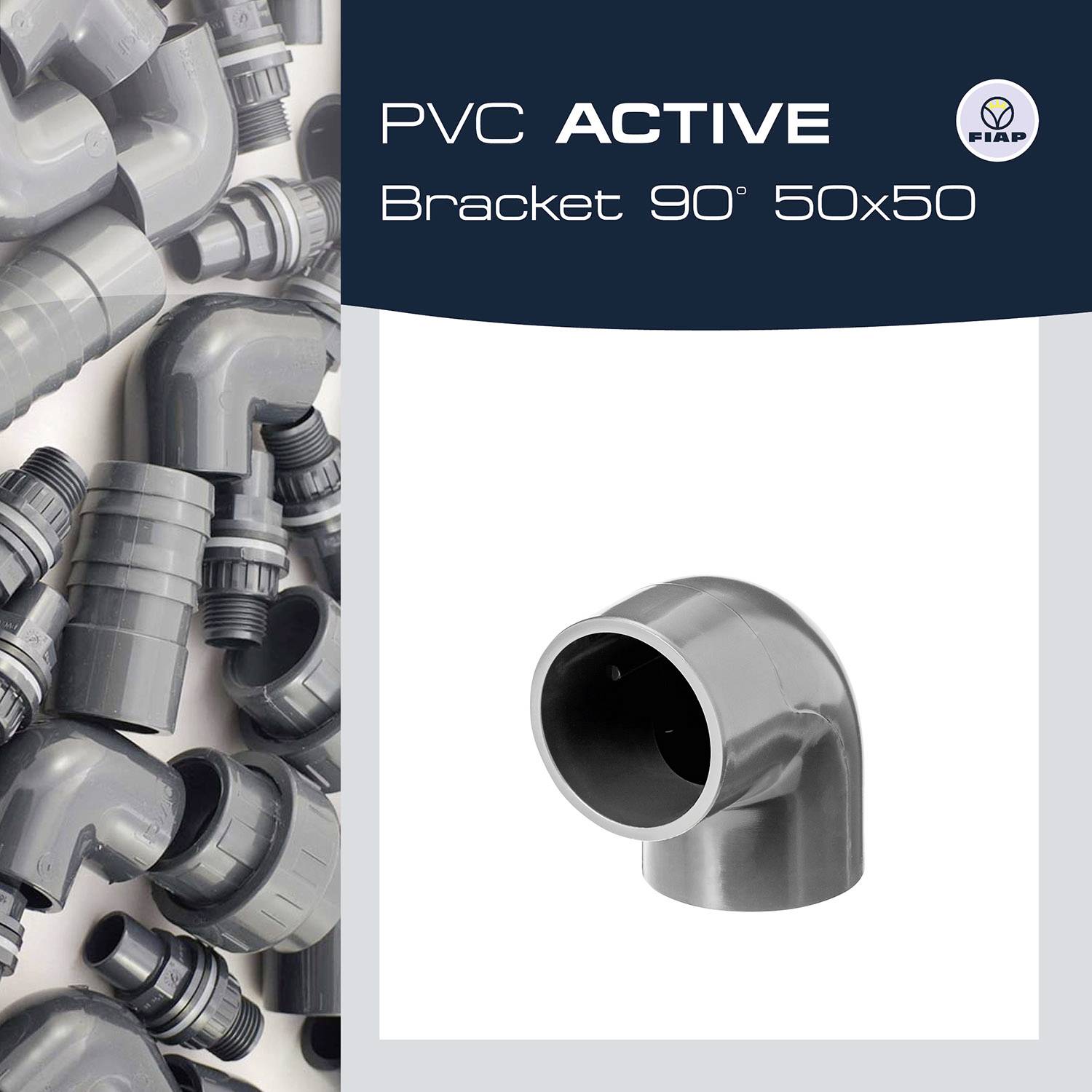 Mehrere graue PVC-Rohrbögen und ein hervorgehobener 90-Grad-Bogen; Text: 'PVC ACTIVE Bracket 90° 50x50'; Markenlogo oben rechts.