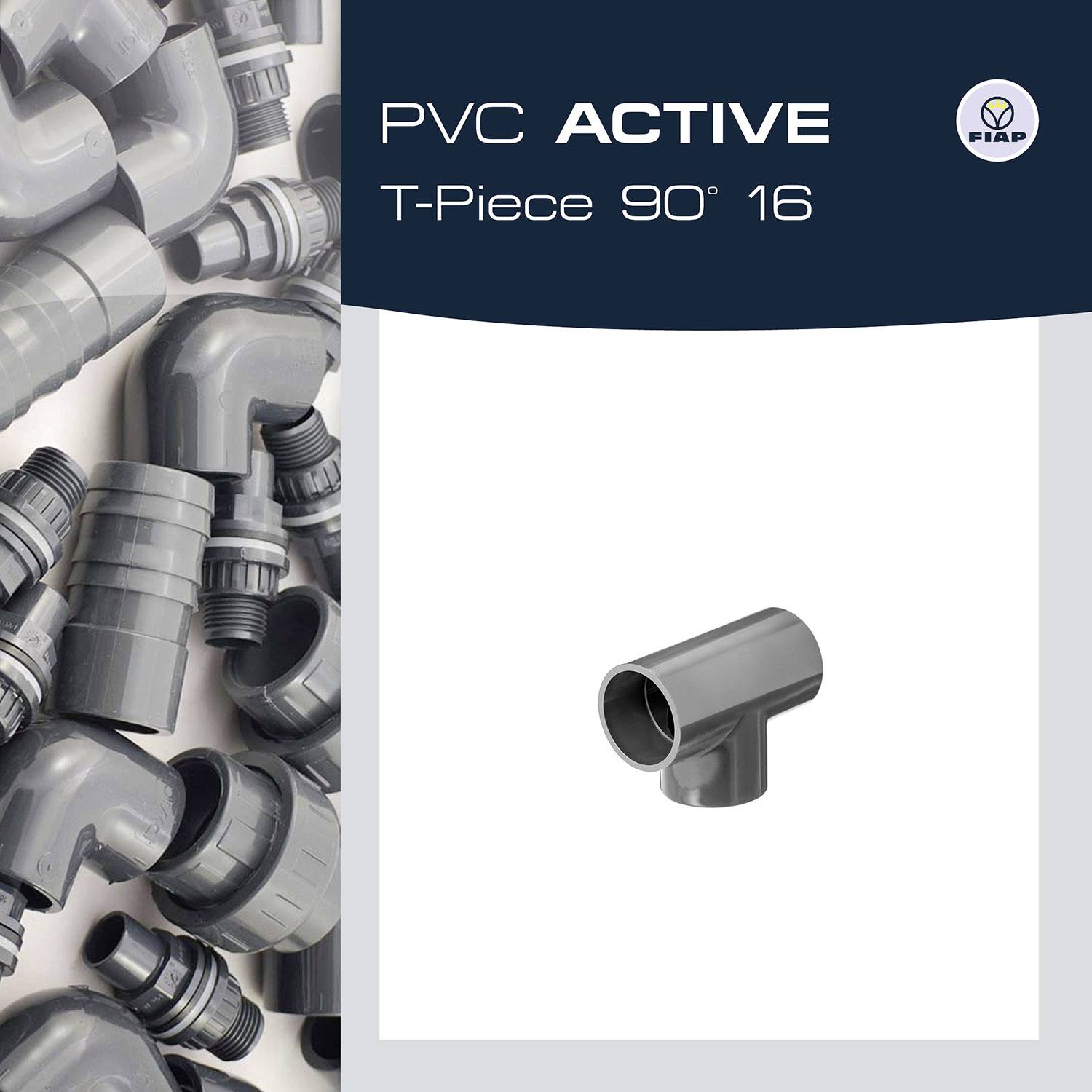 'PVC ACTIVE T-Stück 90°' zeigt ein graues PVC-T-Stück neben mehreren weiteren PVC-Rohren; Herstellerlogo oben rechts.