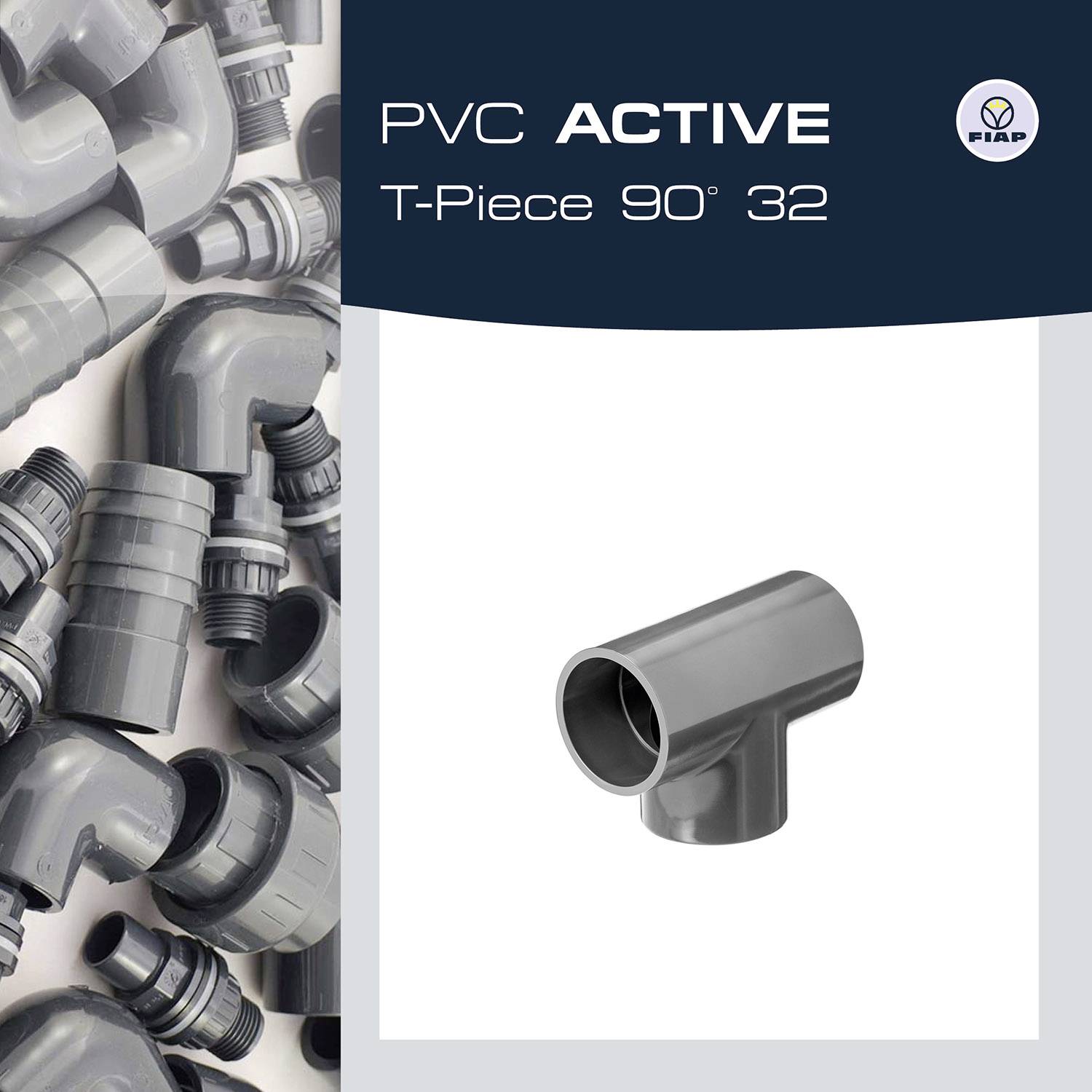 'PVC ACTIVE T-Stück 90° 32' Produktbild in Nahaufnahme, zeigt graues PVC-Rohrstück vor einem Hintergrund aus weiteren Rohrverbindungen.
