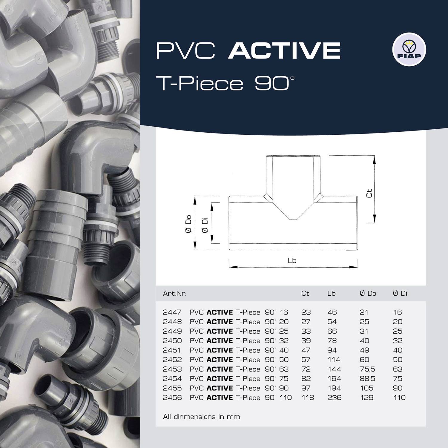 'PVC ACTIVE T-Stück 90°' mit technischen Zeichnungen und Tabelle der Abmessungen in Millimetern für verschiedene Modelle.