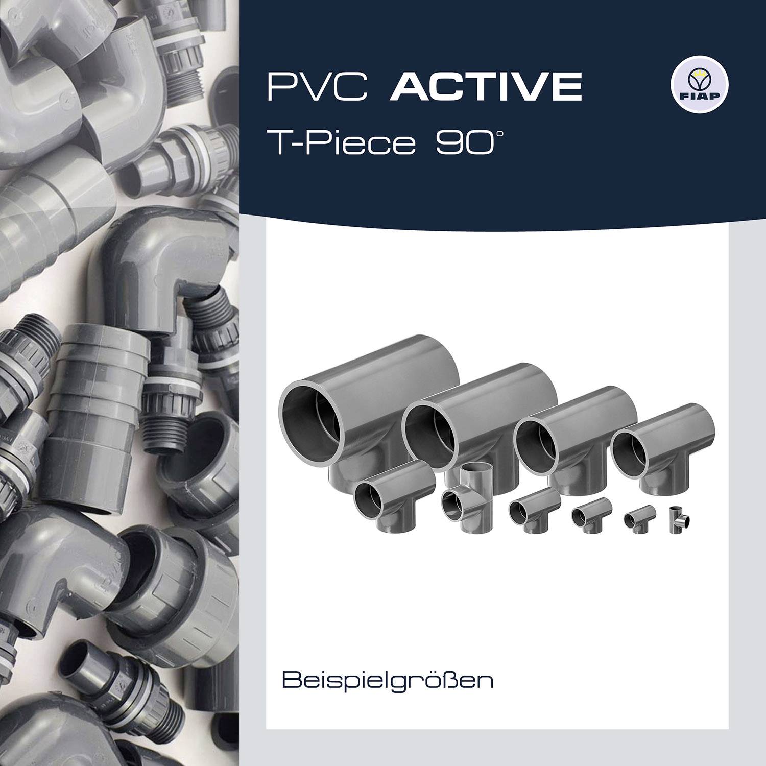 'PVC-Teile in verschiedenen Größen und Formen; T-Stück 90°. Beispielgrößen für Installationen. Marke Fip.’