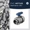 'Bild eines PVC-Kugelhahns mit blauer Griffkappe, umgeben von PVC-Fittings. Text: PVC ACTIVE BallValve 90.'