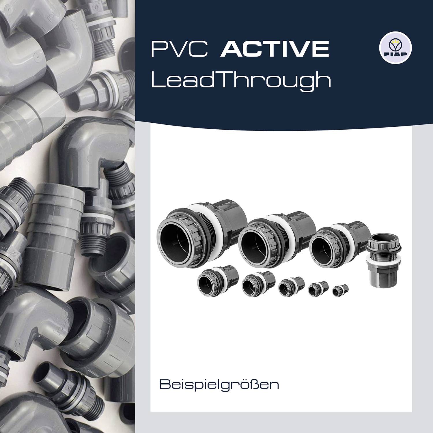PVC-Rohre und Verbindungsstücke in verschiedenen Größen; Text 'PVC ACTIVE LeadThrough' und 'Beispielgrößen' rechts unten.