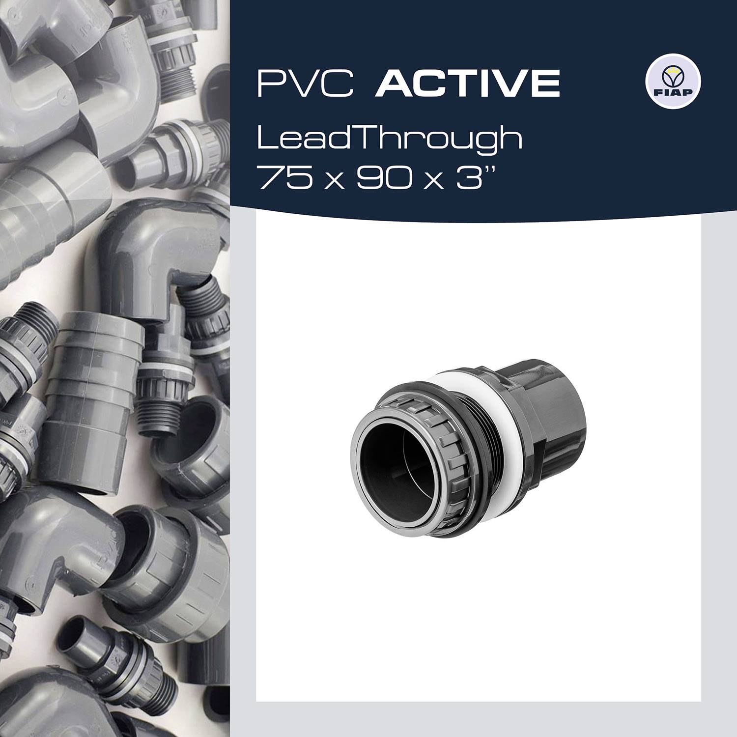 'PVC ACTIVE LeadThrough 75 x 90 x 3"' links abgebildet verschiedene graue PVC-Rohre. Text und Logo oben rechts. Bewertung neuer PVC-Anschluss.