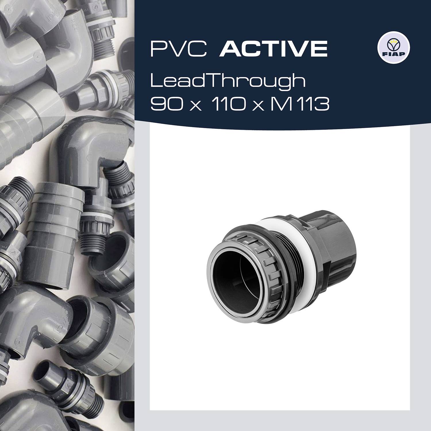 Ein PVC-Anschluss „LeadThrough 90 x 110 x M113“ ist abgebildet, umgeben von diversen PVC-Rohren. Logo der Marke oben rechts.