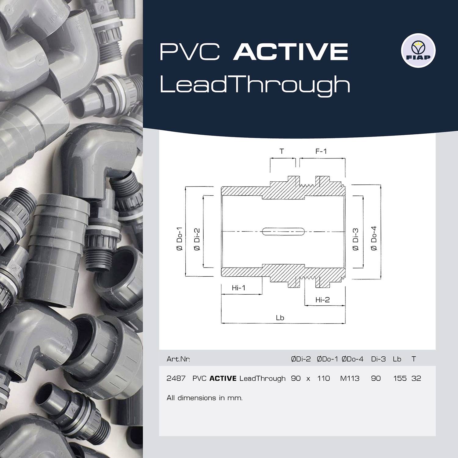 'PVC ACTIVE LeadThrough' Dokument zeigt technische Zeichnung mit Abmessungen für PVC-Teile und Bild mehrerer Rippenrohrwinkel links.