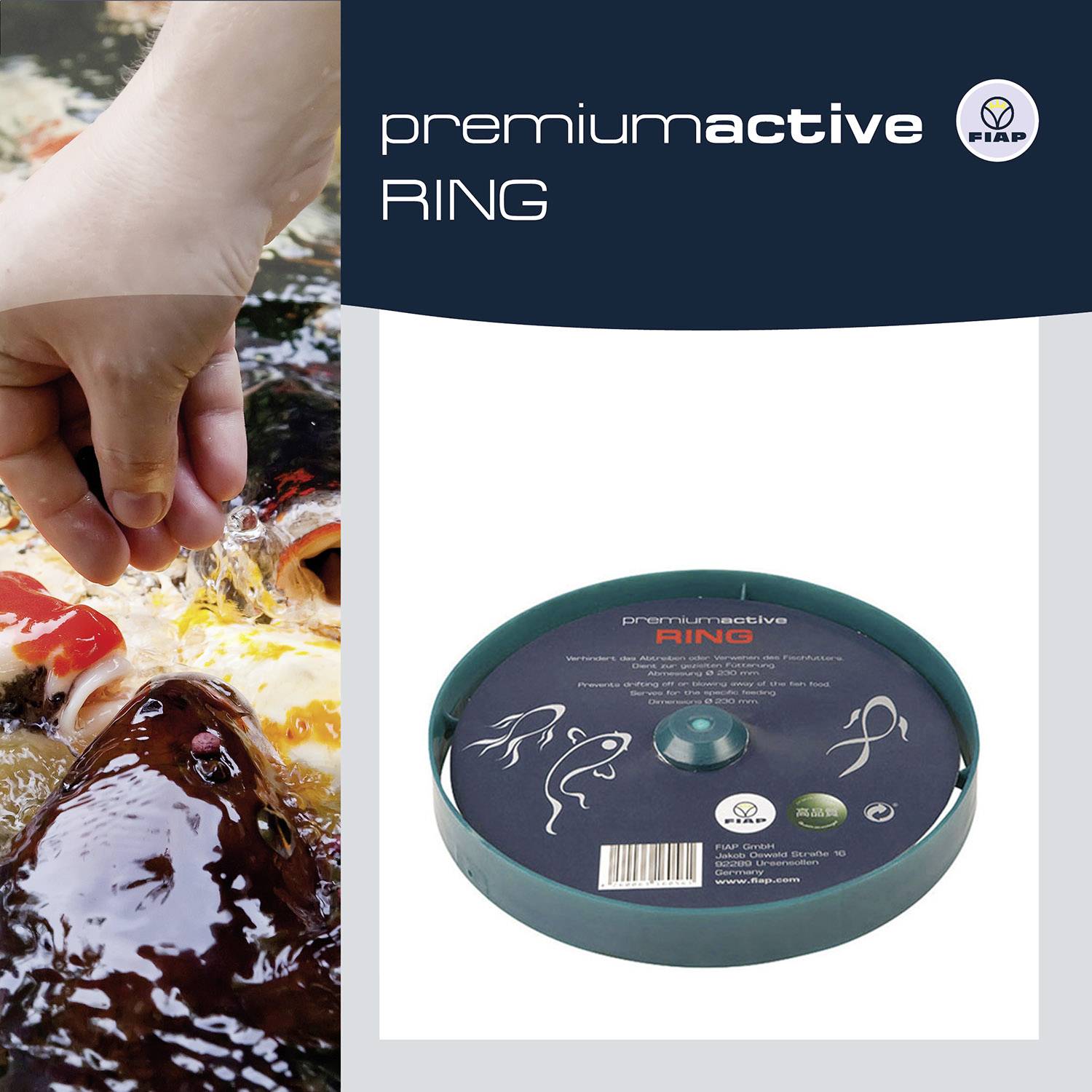 Eine Hand füttert Koi-Fische in einem Teich. Rechts daneben ist ein grüner Kreis mit der Aufschrift 'premiumactive RING'.