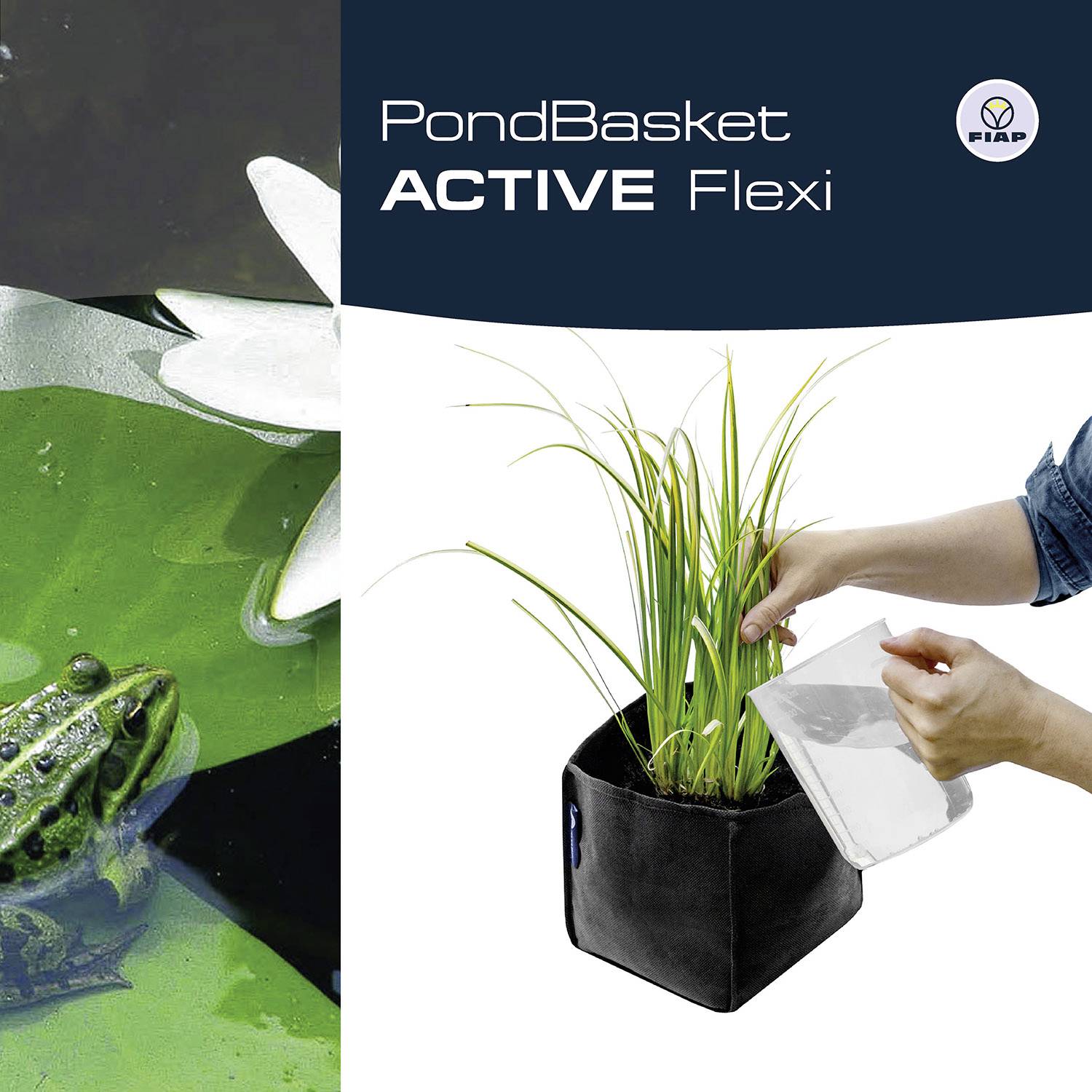 'PondBasket ACTIVE Flexi' Produktbild. Links: Ein Frosch schwimmt im Teich. Rechts: Hand hält flexiblen Pflanzenkorb mit halbhohem Gras.