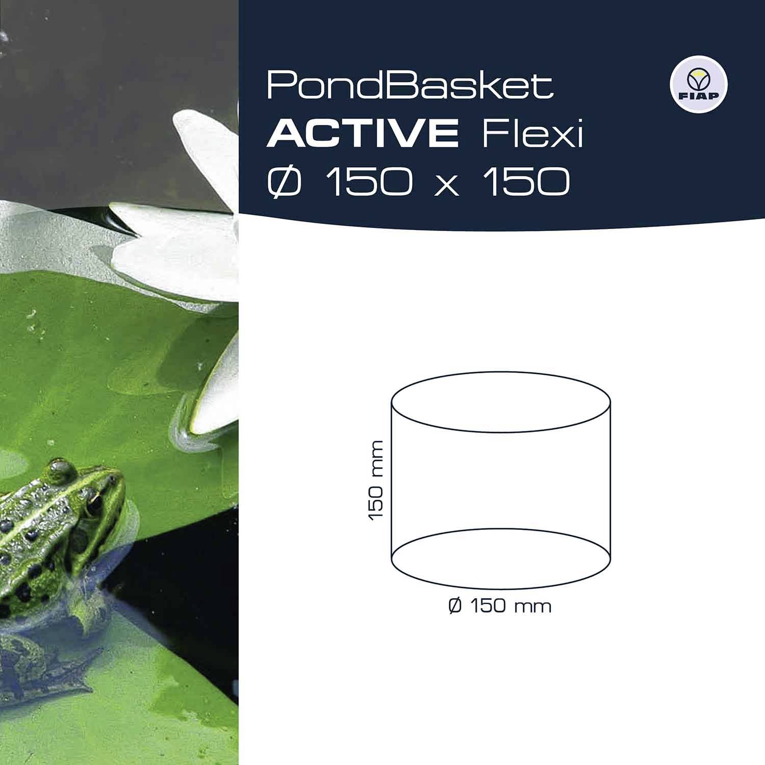 'Teichkorb PondBasket Flexi Ø 150 x 150' mit einem Frosch, der im Wasser schwimmt. Zeichnung des zylindrischen Korbs, Maße in mm.